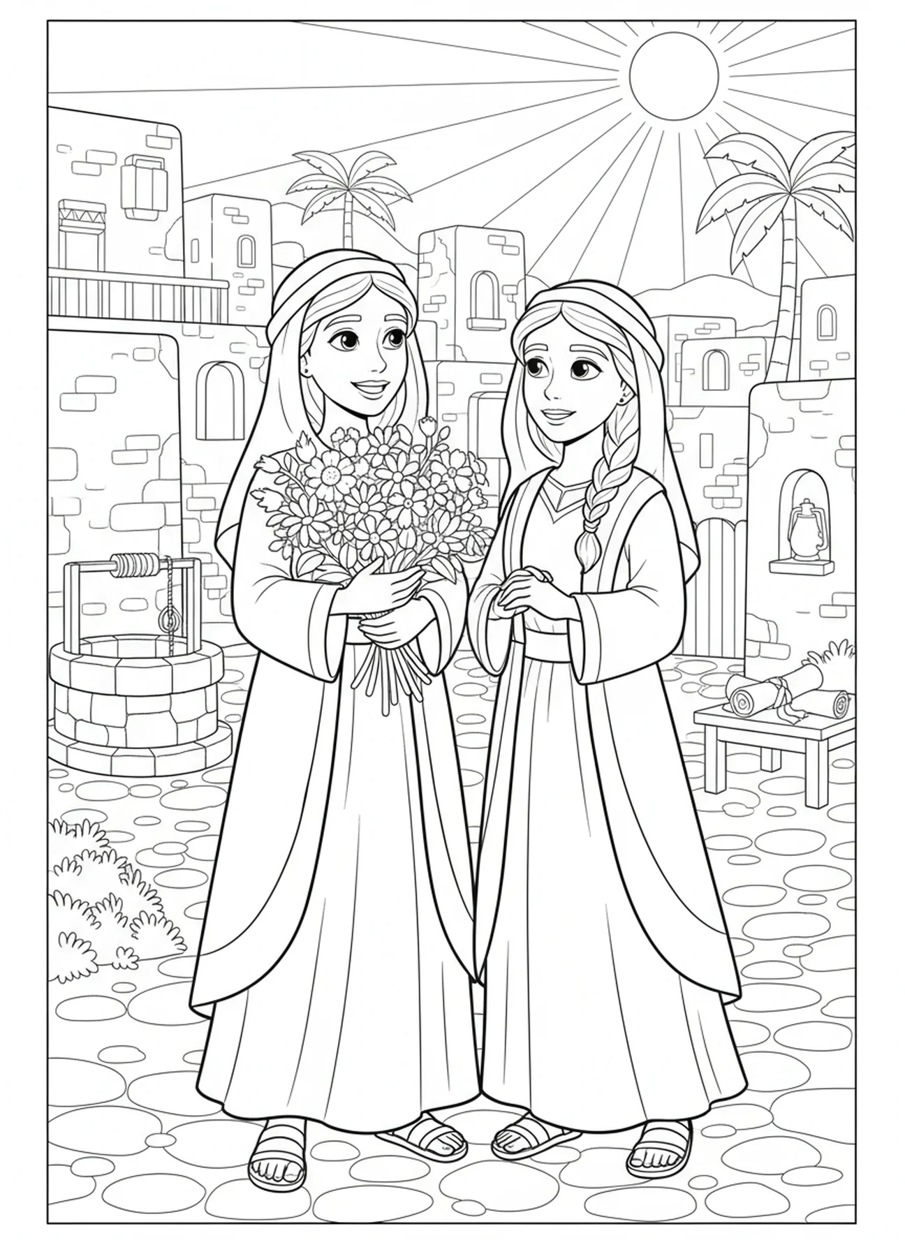 Leah und Rachel zusammen, Malvorlage für Kinder im Religionsunterricht im Alter von 5-12 Jahren