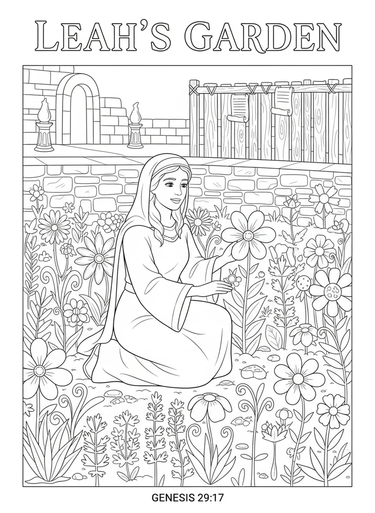 Leah, die einen Garten pflegt, Ausmalbild für Kinder in der Sonntagsschule im Alter von 5-12 Jahren