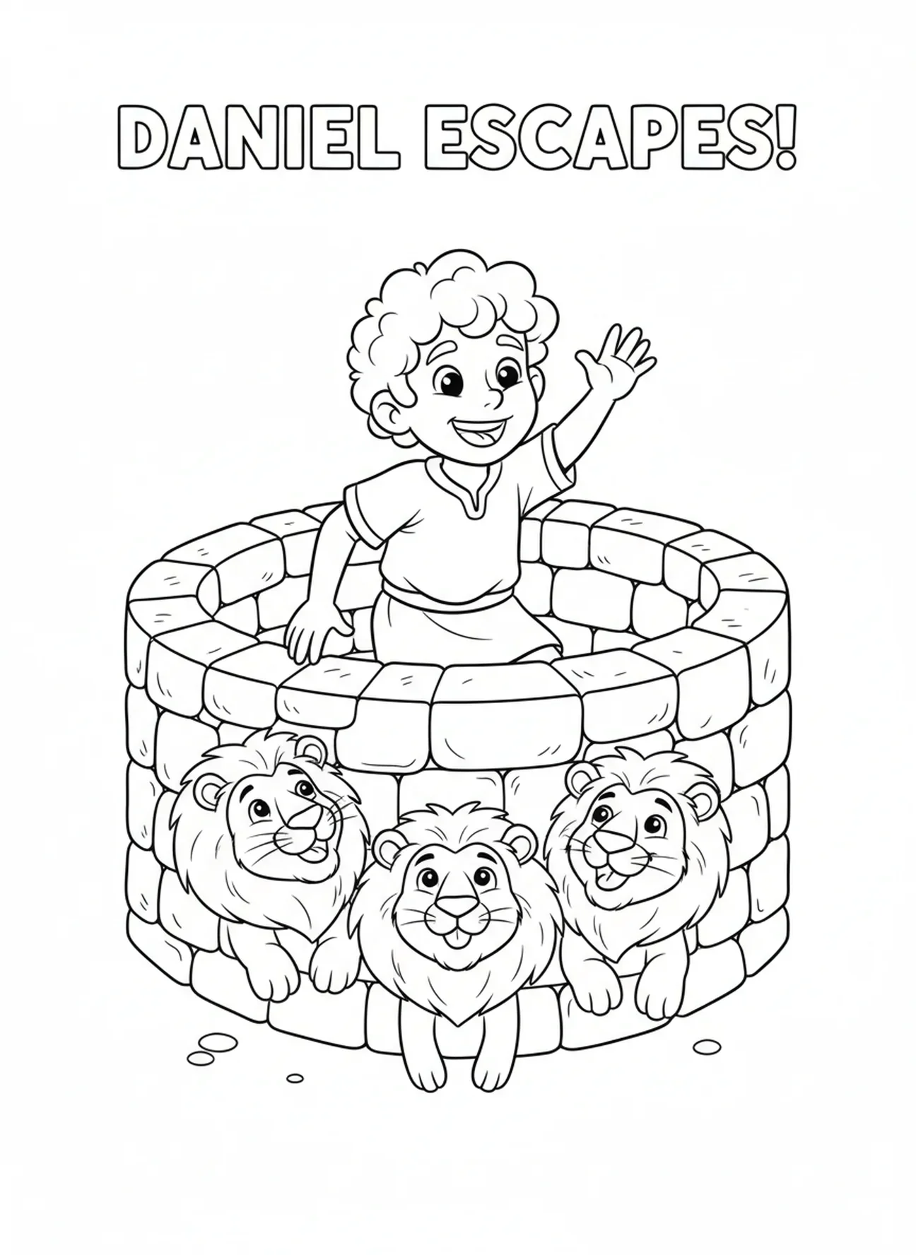 Daniel saliendo del foso, saludando a los leones, página para colorear de la Biblia sobre los leones para niños de 5 a 10 años