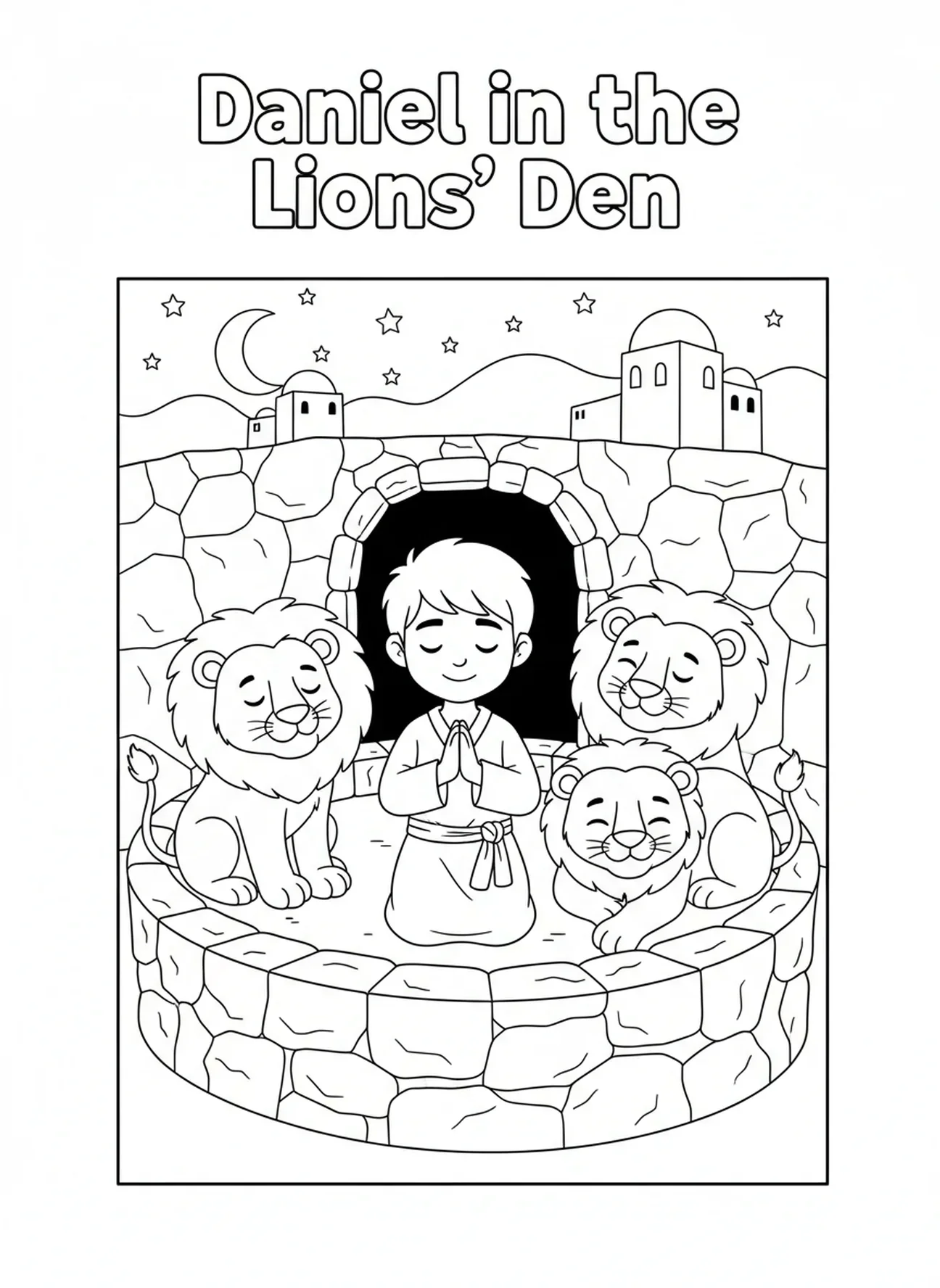 Daniel orando en paz en un foso con leones, página para colorear de la Biblia sobre los leones para niños de 5 a 10 años