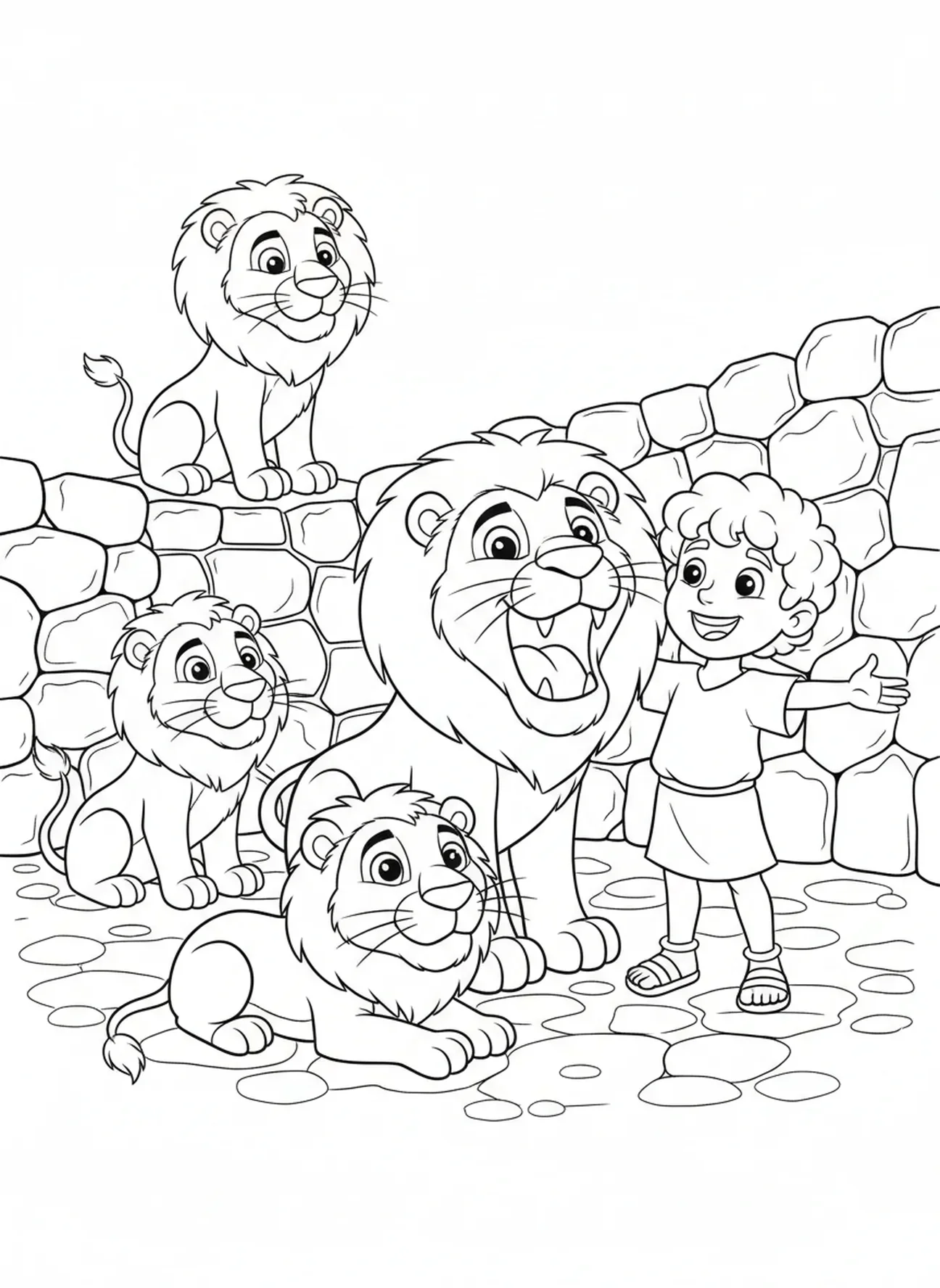 Gran león bostezando junto a Daniel, página para colorear de la Biblia sobre leones para niños de 5 a 10 años