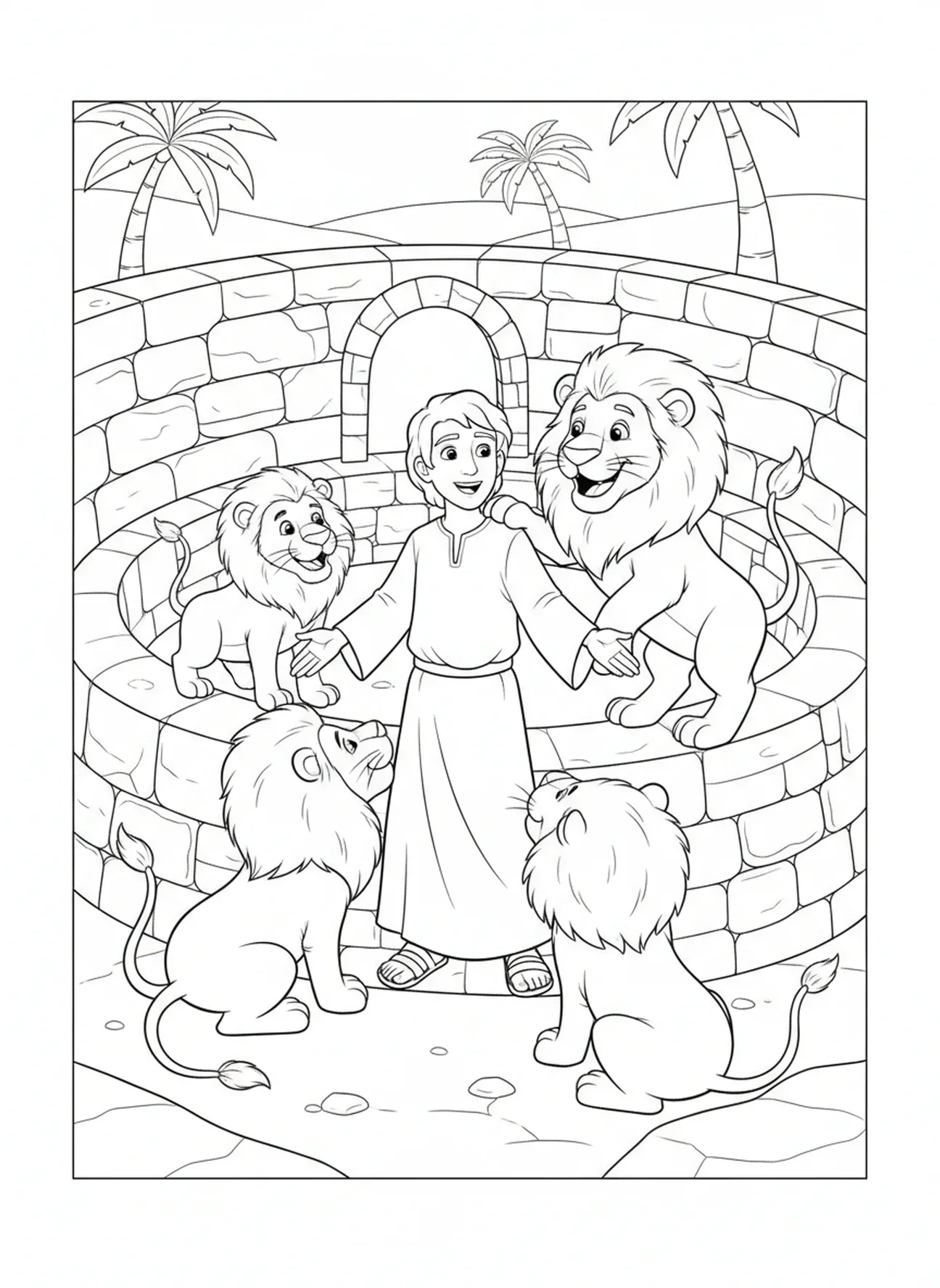 Leones saludando a Daniel en el foso, página para colorear de la Biblia de leones para niños de 5 a 10 años