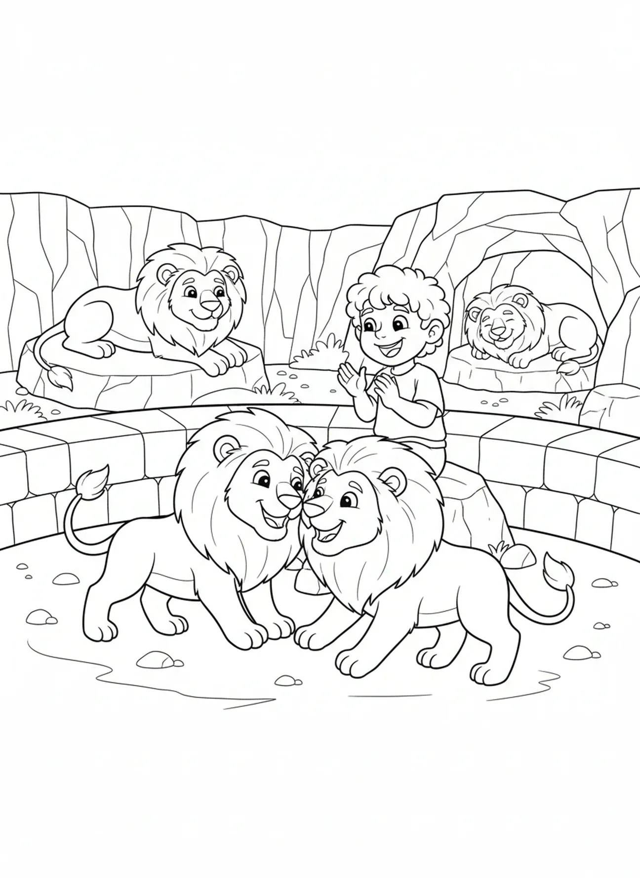 Dos leones acurrucándose, Daniel observando felizmente, página para colorear de la Biblia de leones para niños de 5 a 10 años
