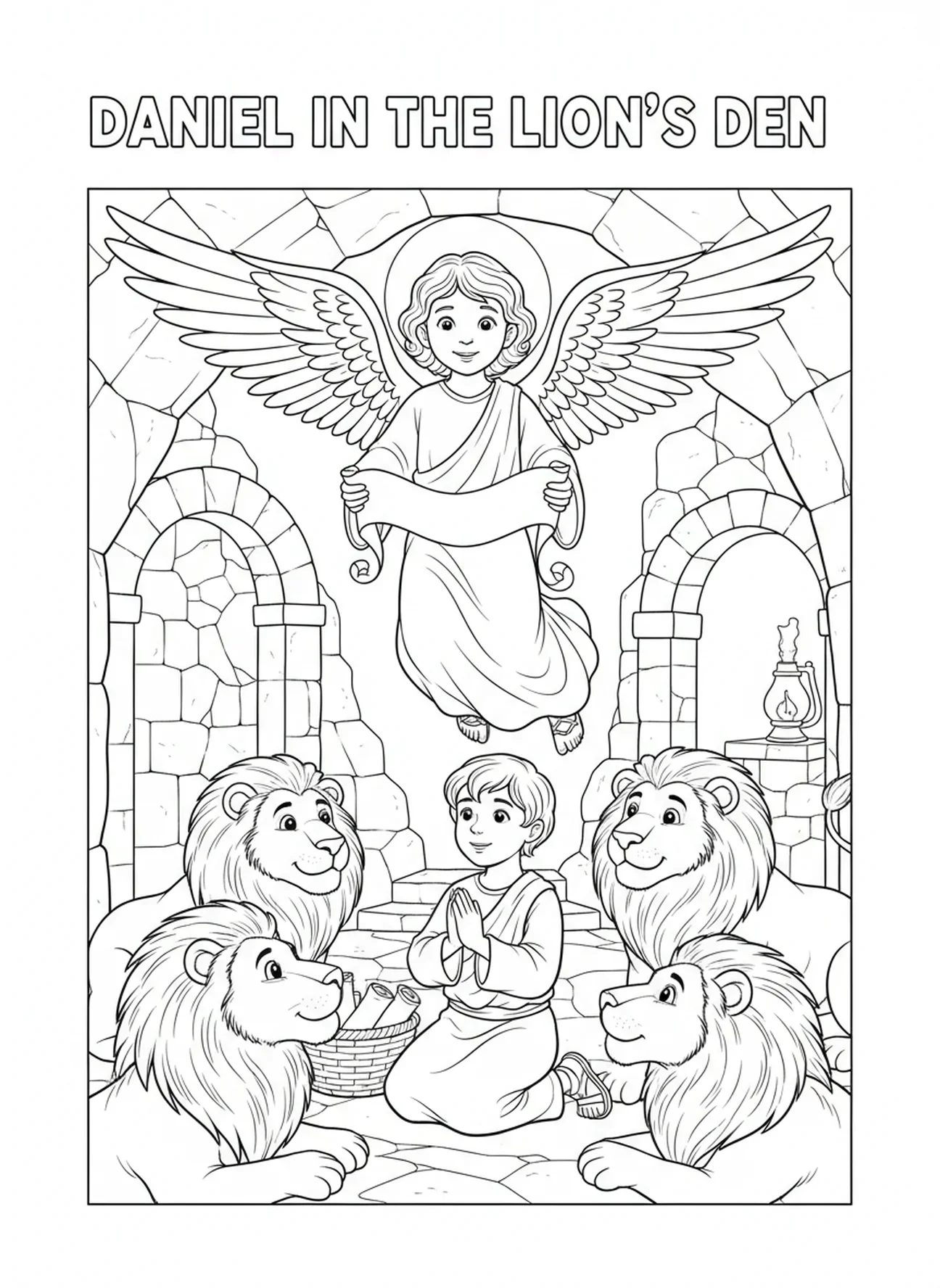 Anjo aparecendo para Daniel, página de colorir da Bíblia sobre leões para crianças da Escola Dominical de 5 a 12 anos.