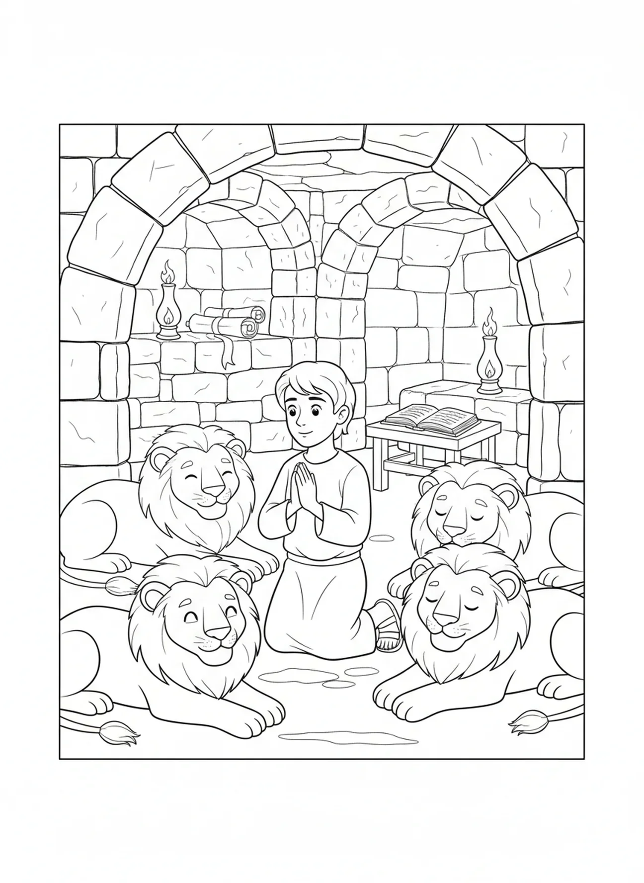 Leões descansando ao redor de Daniel, página de colorir da Bíblia para crianças da Escola Dominical de 5 a 12 anos.