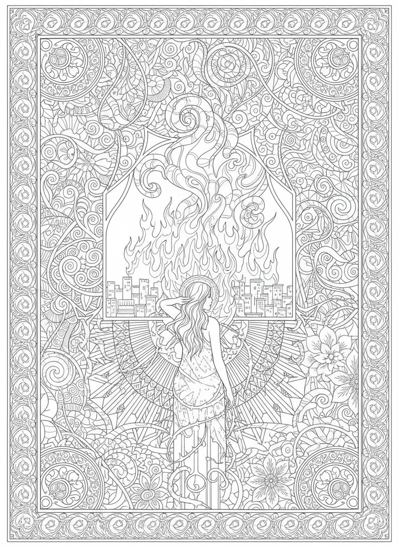Sodom in Flammen, Ausmalbild von Lots Frau für Erwachsene im Bibel-Journaling-Stil