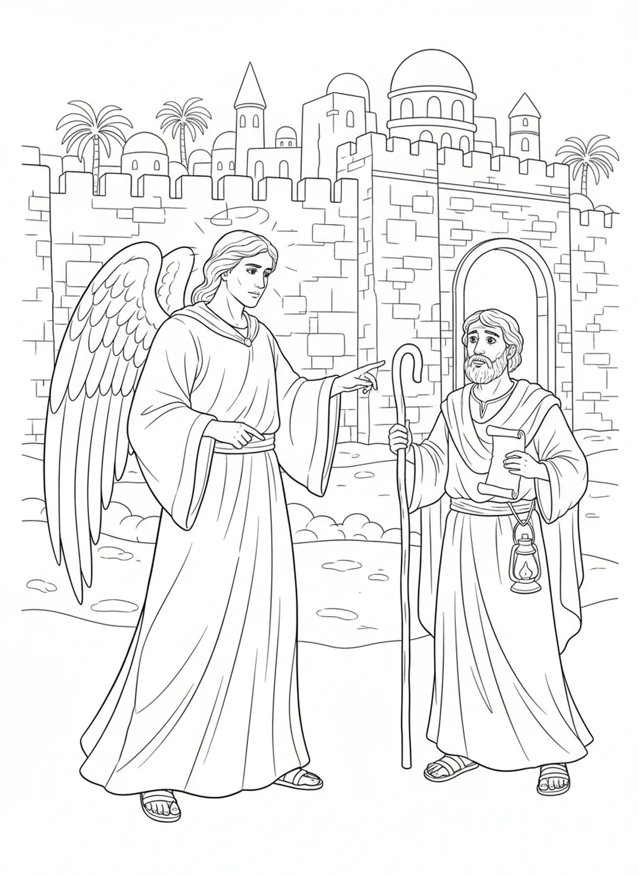 Anjo avisando Ló, página para colorir sobre a esposa de Ló para crianças da Escola Dominical de 5 a 12 anos.