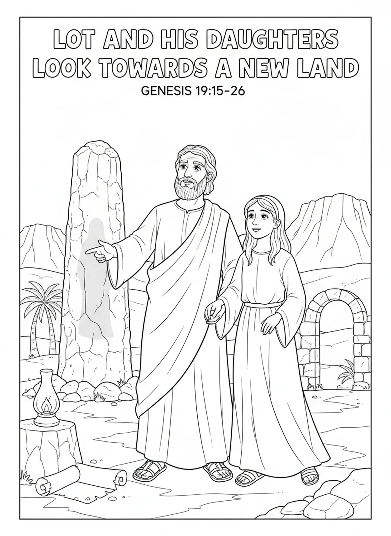 Família continuando sua jornada, página para colorir da esposa de Ló para crianças da Escola Dominical de 5 a 12 anos.