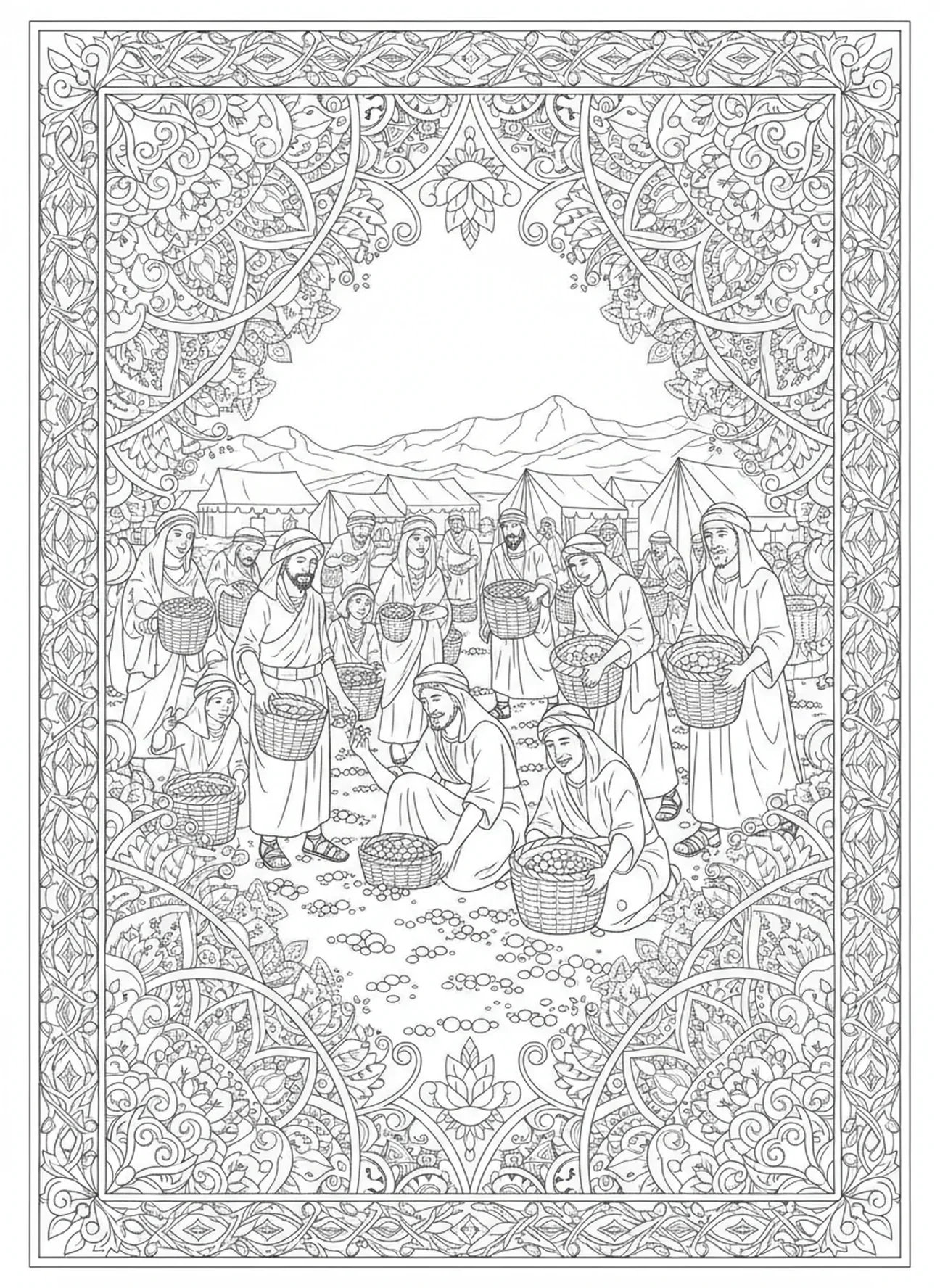 Israelitas coletando maná, página para colorir Maná do Céu no estilo de journaling bíblico para adultos.