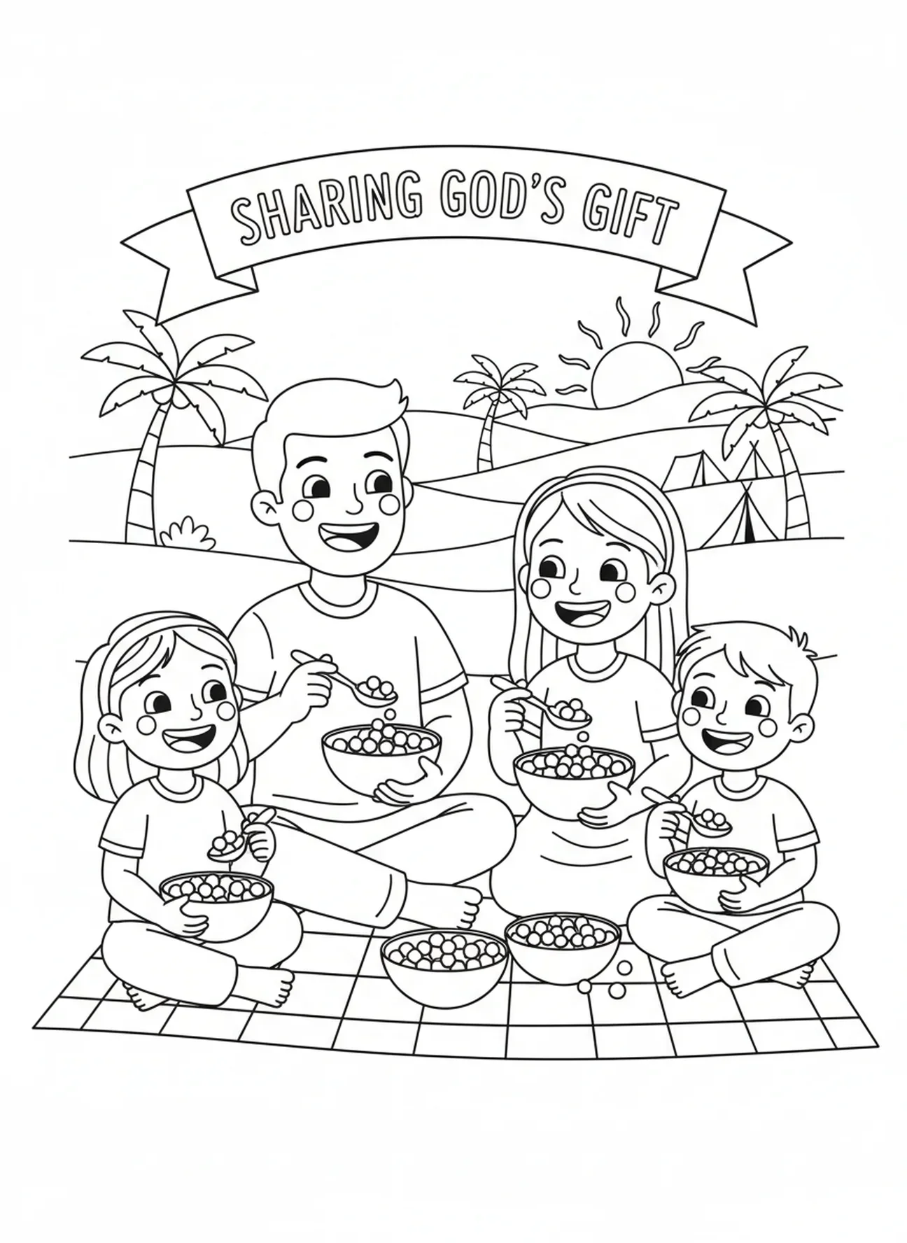 Famille heureuse partageant de la manne, page à colorier Manna du Ciel pour les enfants de 5 à 10 ans.