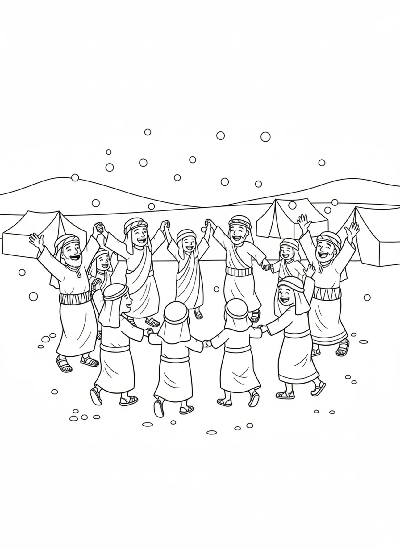 Israélites joyeux célébrant la manne, page à colorier Manna du Ciel pour les enfants de 5 à 10 ans.
