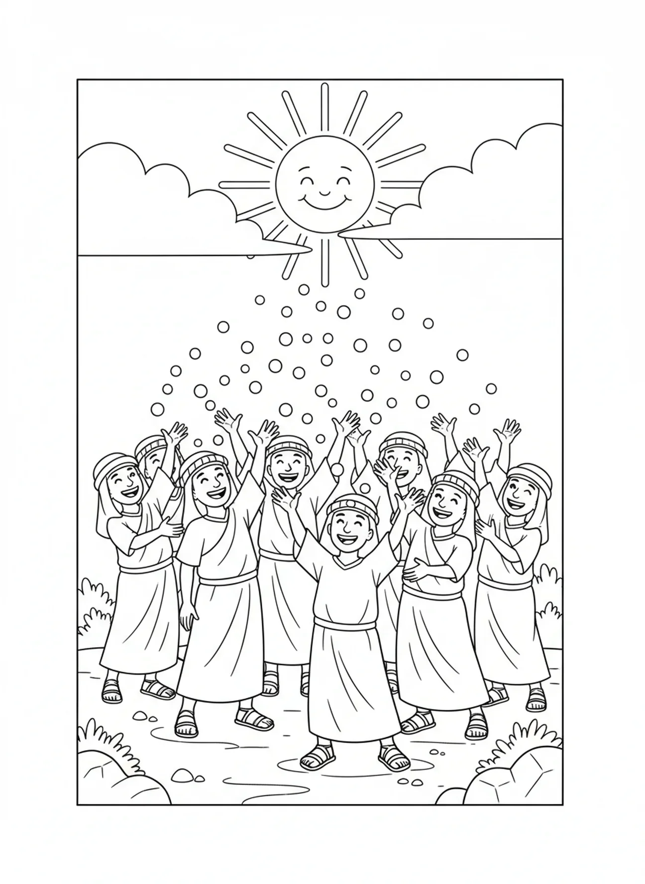 Israélites enthousiastes tendant la main vers la manne, page à colorier Manna du Ciel pour les enfants de 5 à 10 ans.
