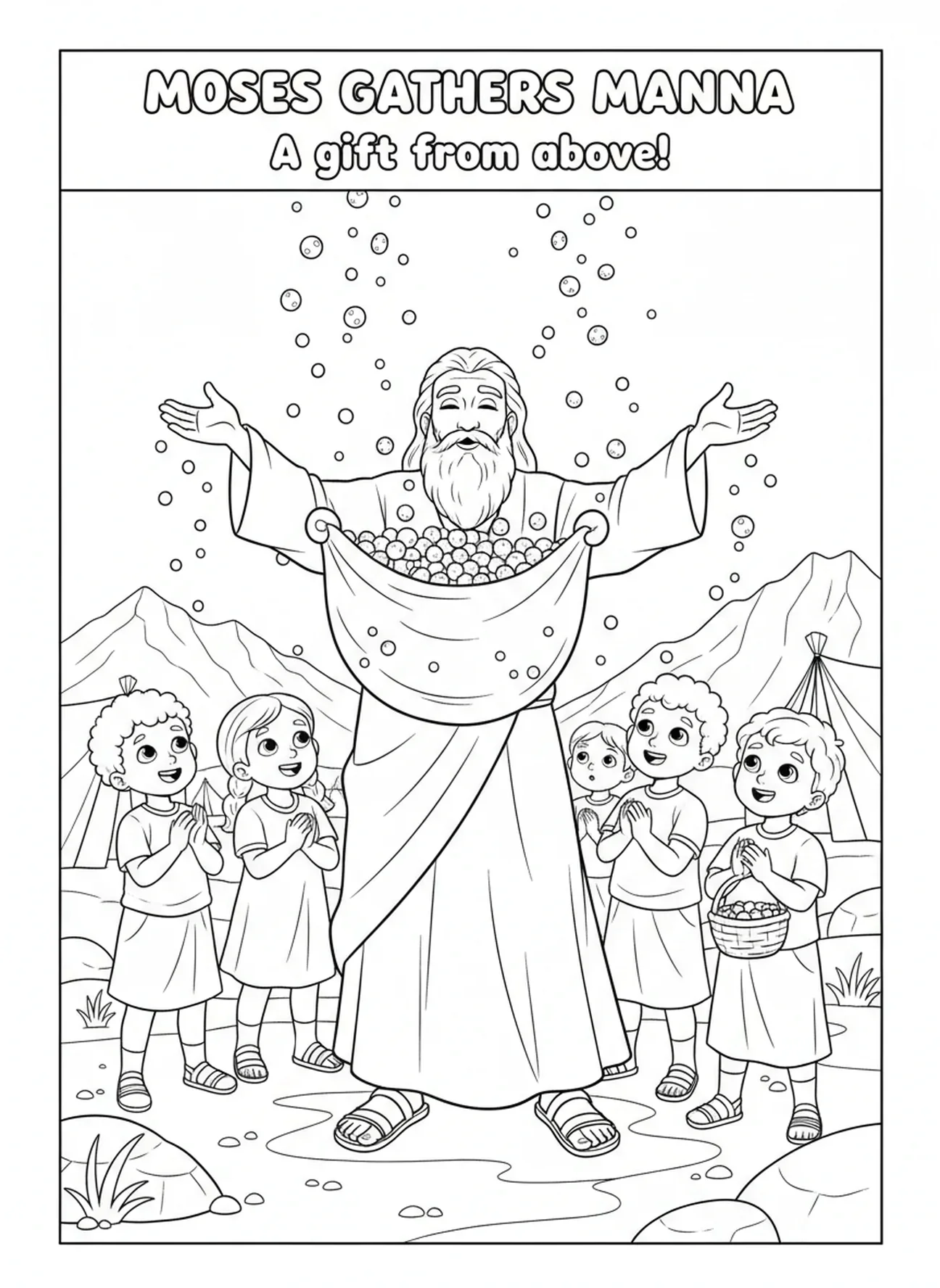 Moïse rassemblant la manne, page à colorier Manna du Ciel pour les enfants de 5 à 10 ans.