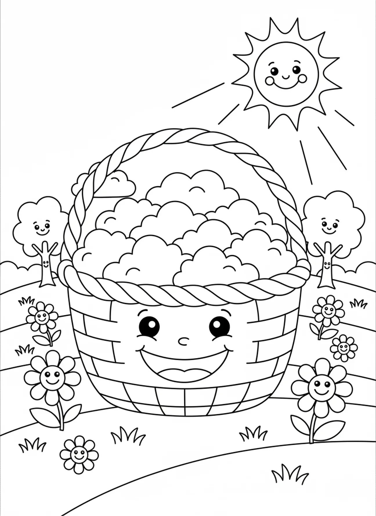 Cesta grande e sorridente, página para colorir Maná do Céu para pré-escolares de 3 a 5 anos.