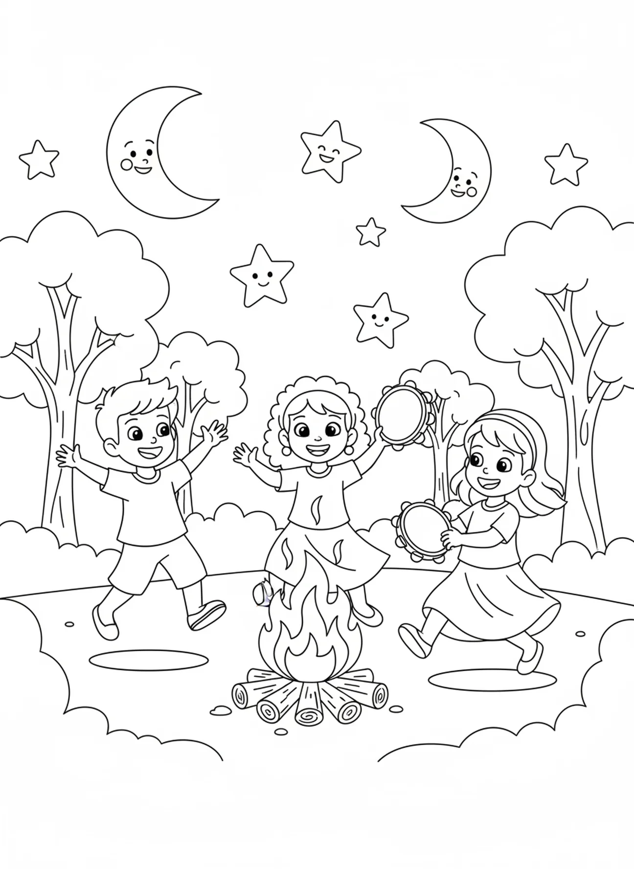 Miriam und ihre Freunde am Lagerfeuer, Ausmalbild von Miriam mit Tamburin für Kinder im Alter von 5-10 Jahren.