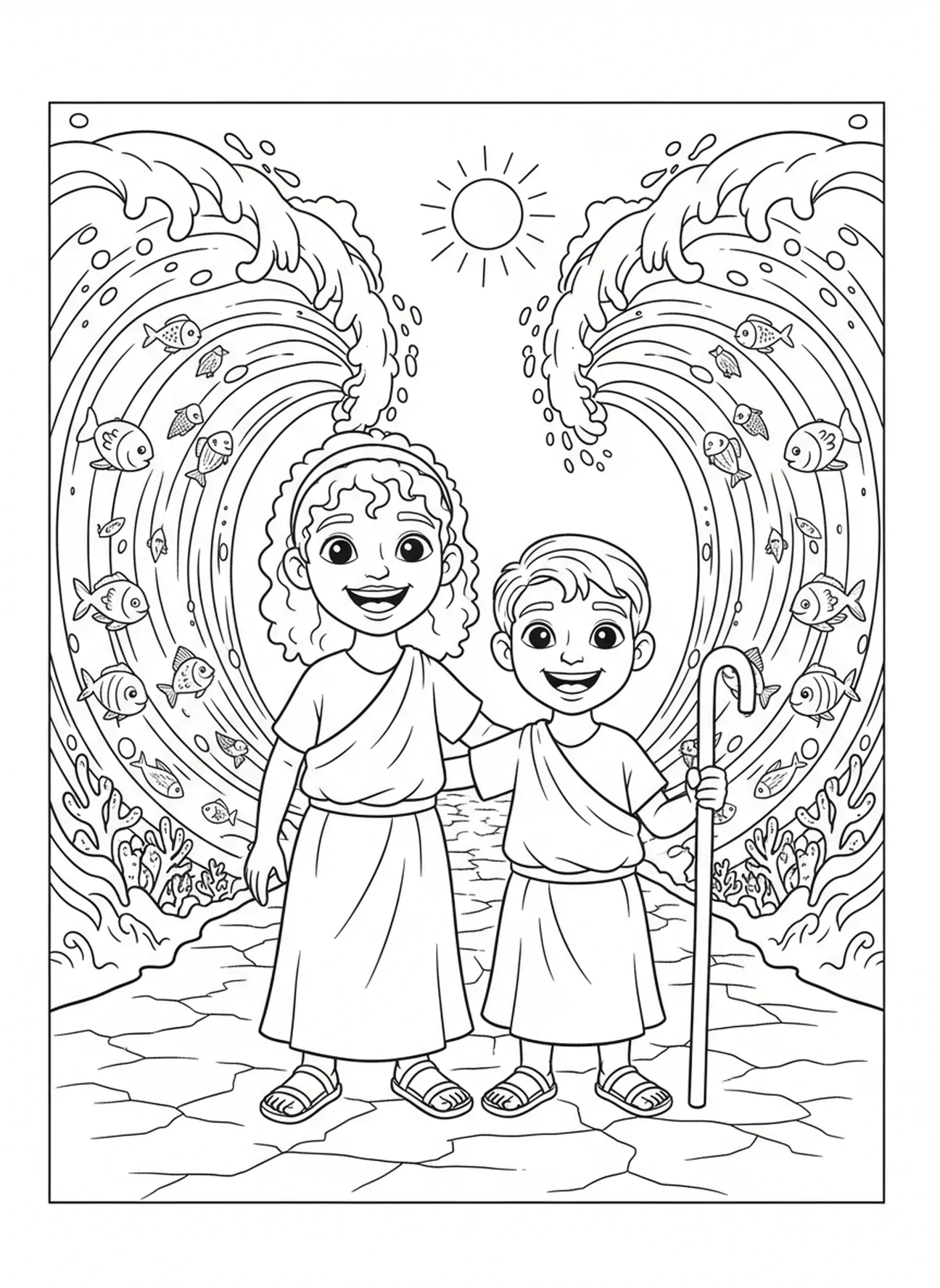 Miriam und Mose am Roten Meer, Ausmalbild von Miriam mit Tamburin für Kinder im Alter von 5-10 Jahren.
