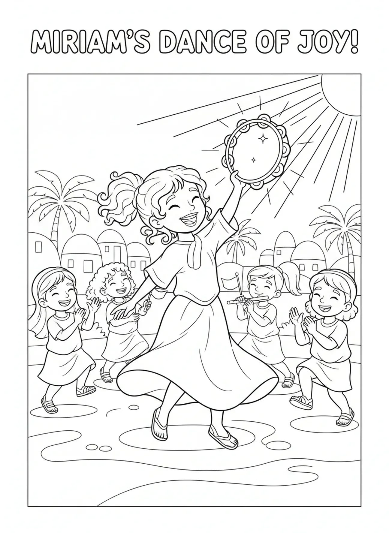 Miriam tanzt vor Freude, Ausmalbild von Miriam mit Tamburin für Kinder im Alter von 5-10 Jahren.