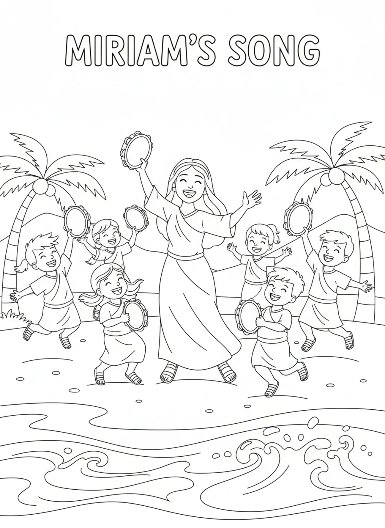 Miriam führt Kinder, Ausmalbild von Miriam mit Tamburin für Kinder im Alter von 5-10 Jahren.