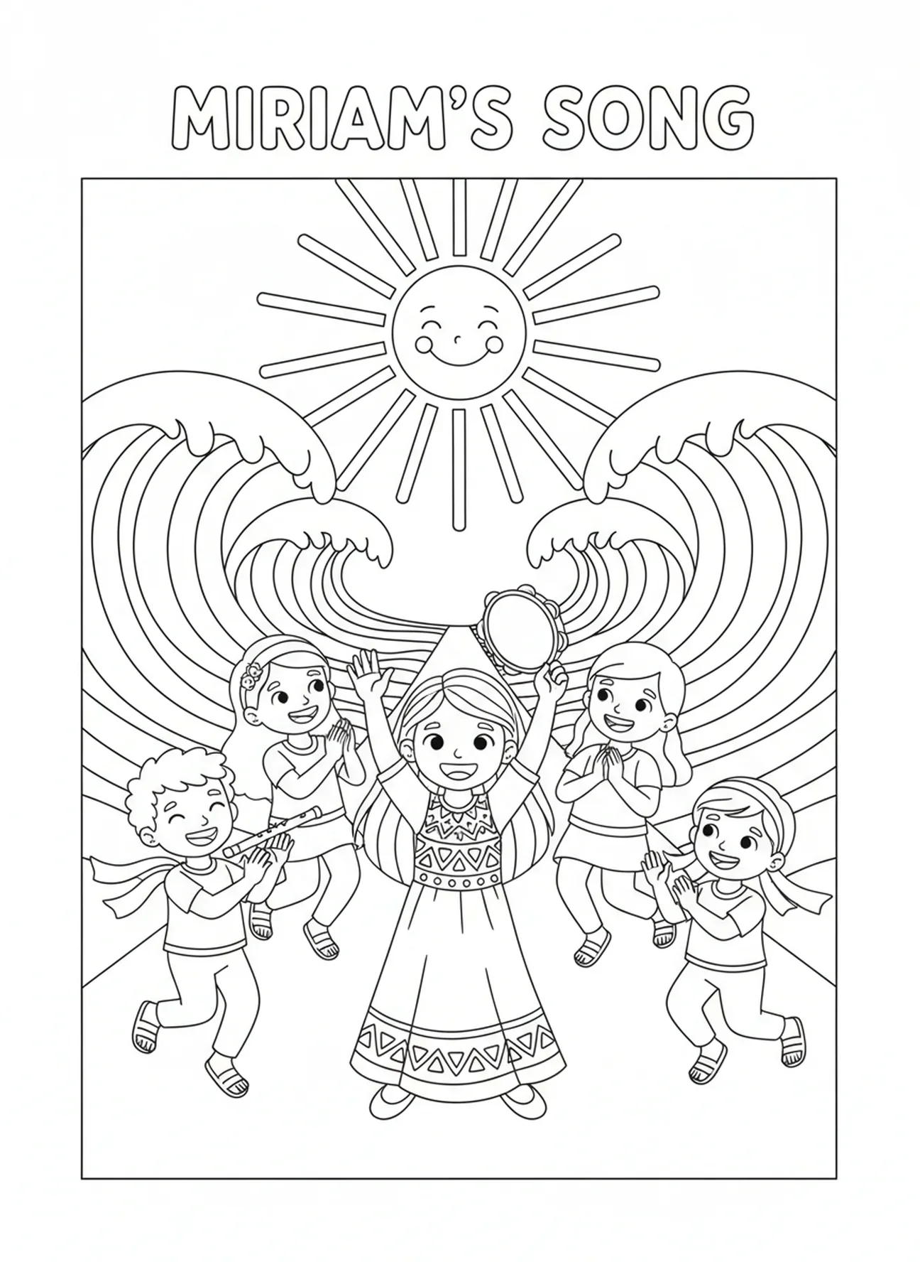Miriam hält ihr Tamburin hoch, Ausmalbild von Miriam mit Tamburin für Kinder im Alter von 5-10 Jahren.
