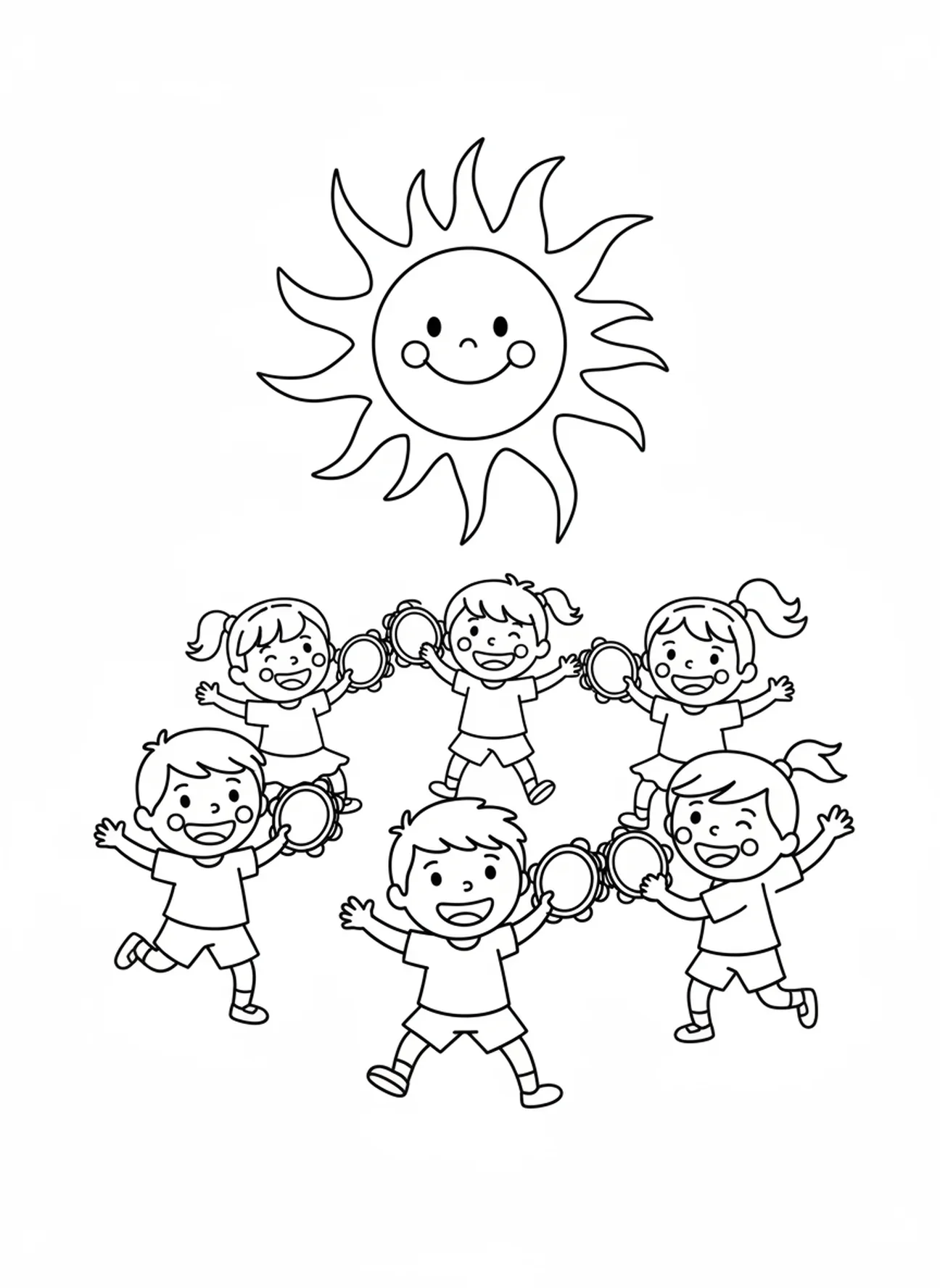 Gruppe tanzender Kinder, Ausmalbild von Miriam mit Tamburin für Vorschulkinder im Alter von 3-5 Jahren.