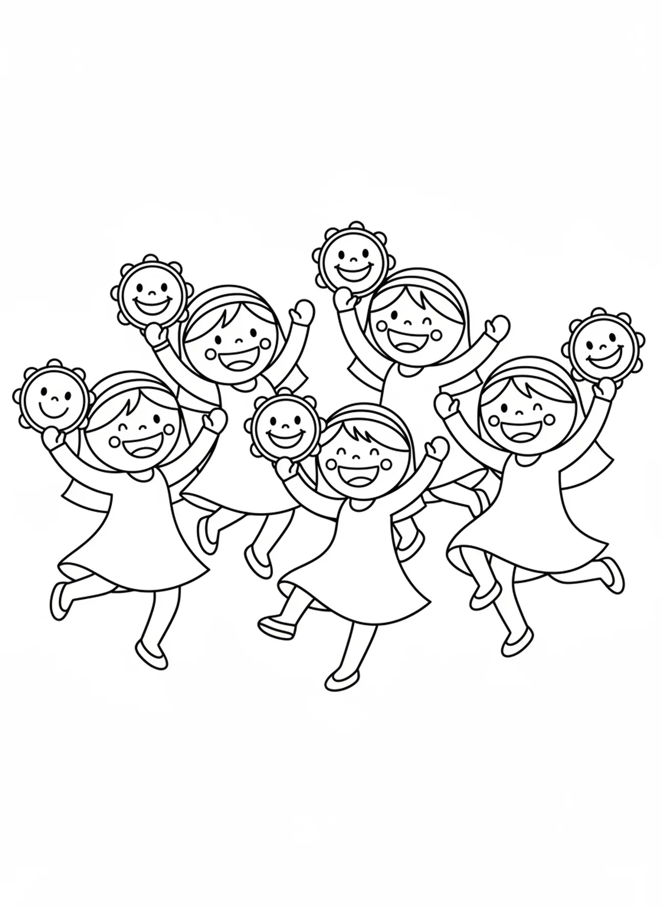 Gruppe tanzender Frauen, Miriam Tamburin Ausmalbild für Vorschulkinder im Alter von 3-5 Jahren.