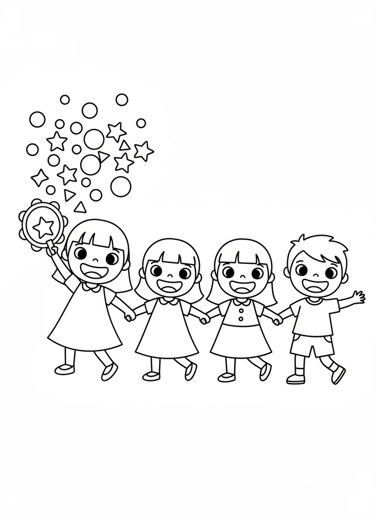 Miriam, die Freunde in Feierlichkeiten anführt, Ausmalbild von Miriam mit Tamburin für Vorschulkinder im Alter von 3-5 Jahren.
