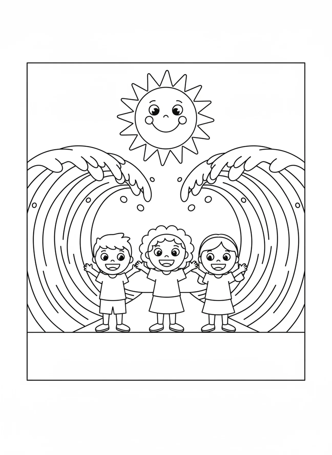 Miriam erstaunt vom geteilten Meer, Ausmalbild von Miriam mit Tamburin für Vorschulkinder im Alter von 3-5 Jahren.