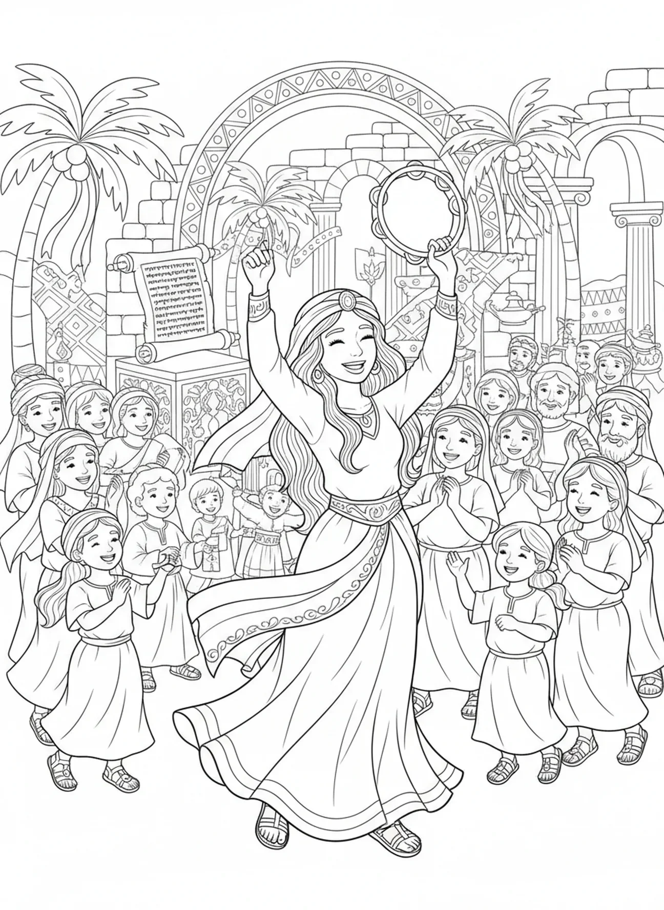 Miriam im Mittelpunkt der Versammlung, Ausmalbild von Miriam mit Tamburin für Kinder in der Sonntagsschule im Alter von 5-12 Jahren.