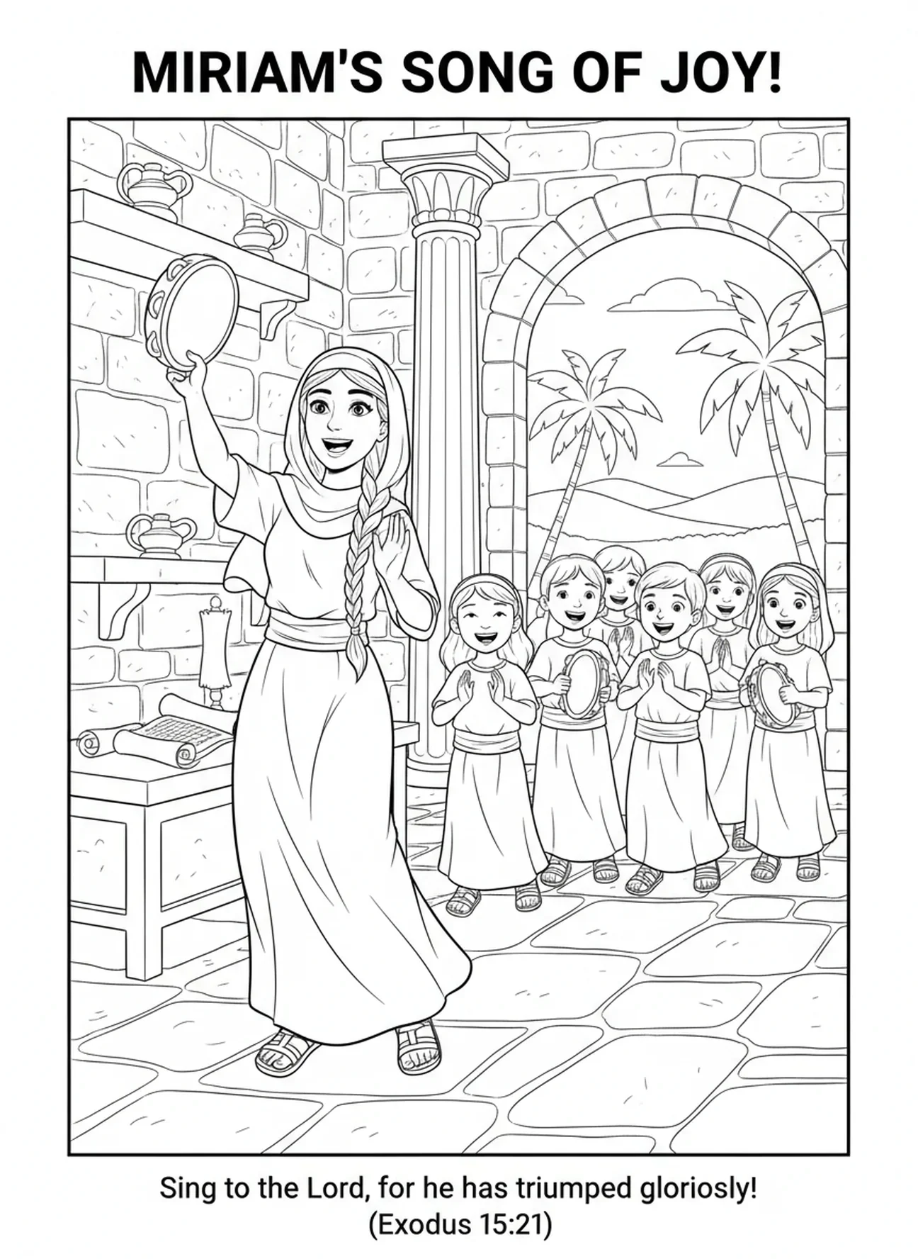 Gruppe von Kindern, die singen, Ausmalbild von Miriam mit Tamburin für die Sonntagsschule für Kinder im Alter von 5-12 Jahren.