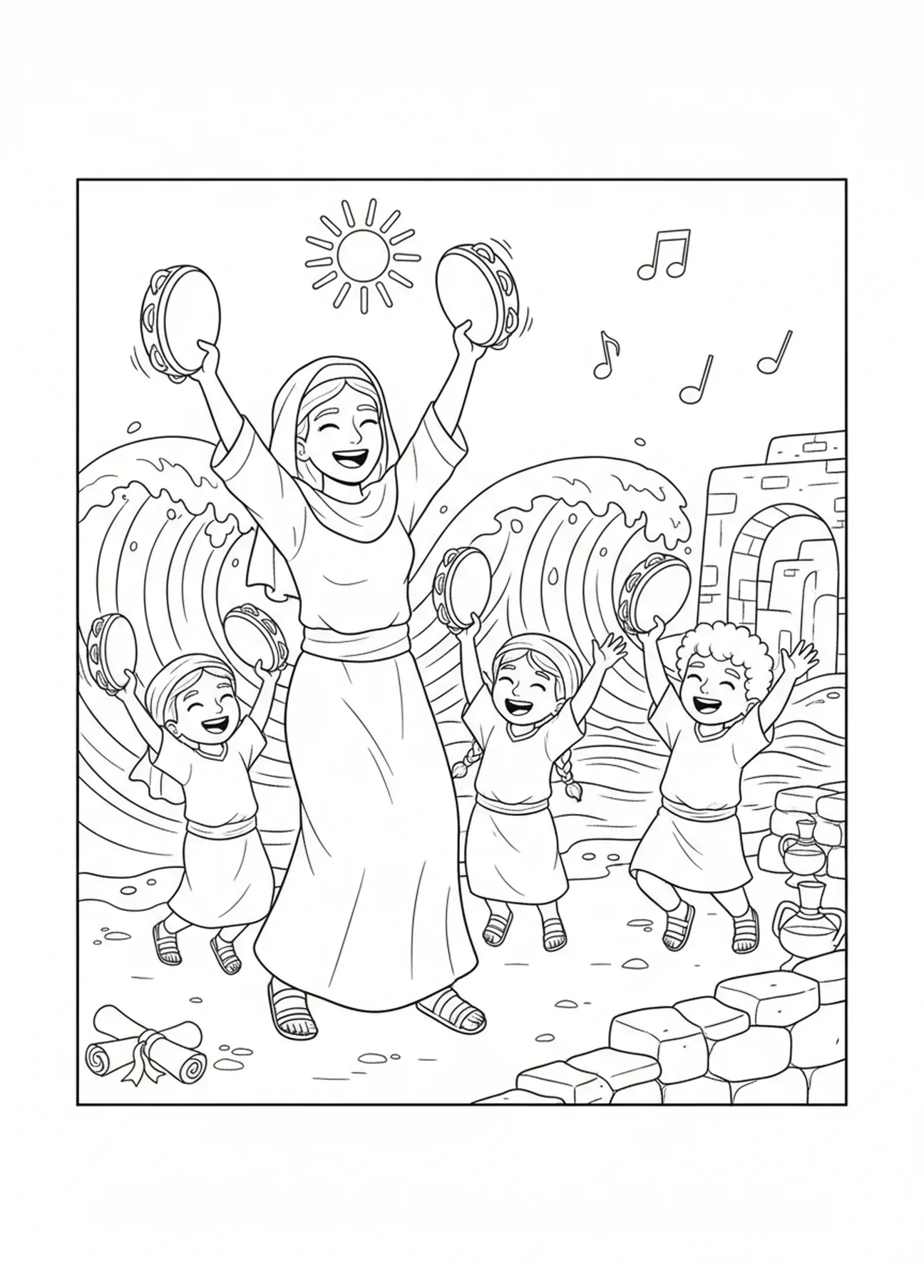 Miriam und Kinder am Meer, Ausmalbild von Miriam mit Tamburin für Sonntagsschüler im Alter von 5-12 Jahren.