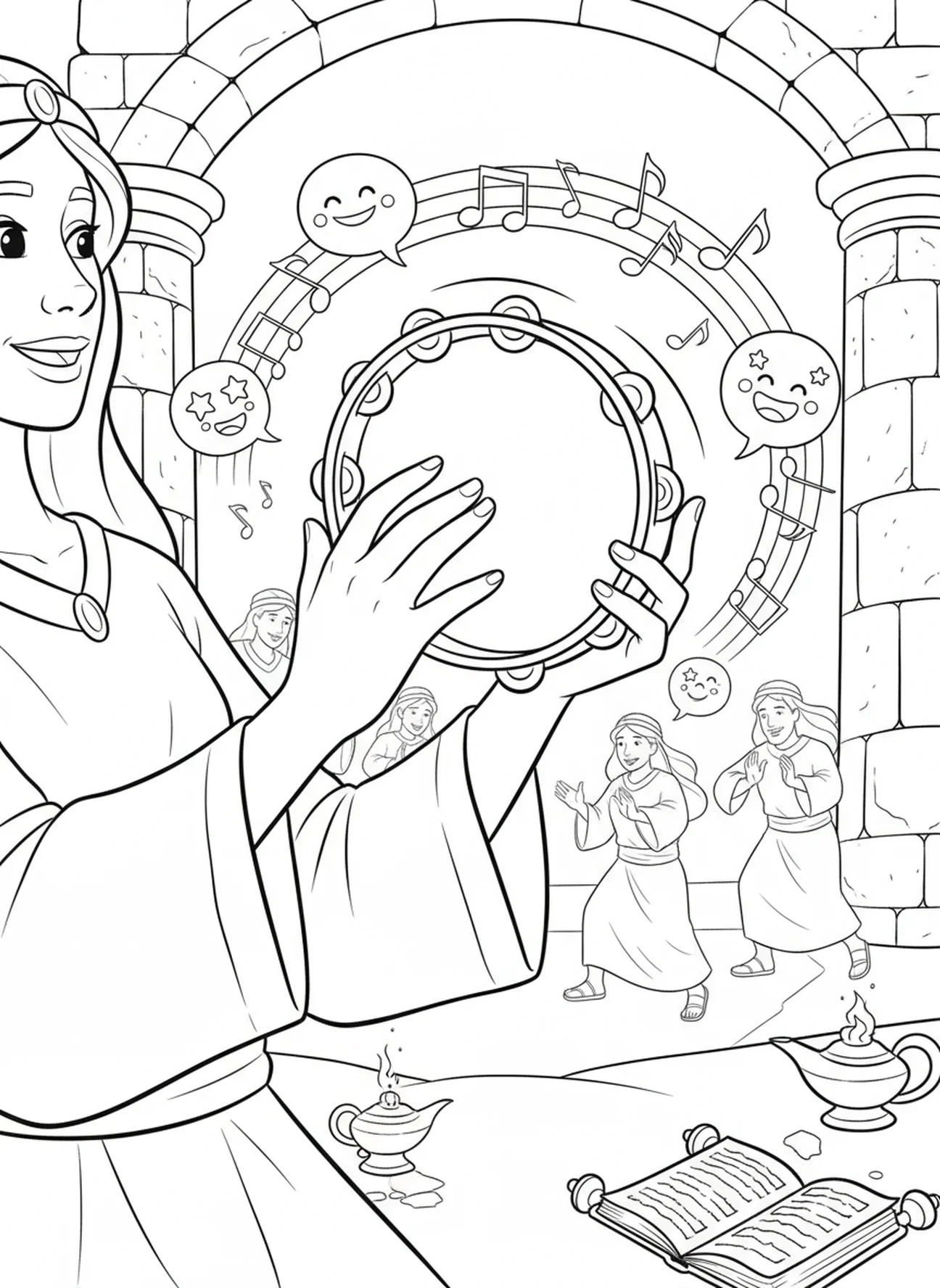 Miriam mit Tamburin, Ausmalbild von Miriam für die Sonntagsschule für Kinder im Alter von 5-12 Jahren.