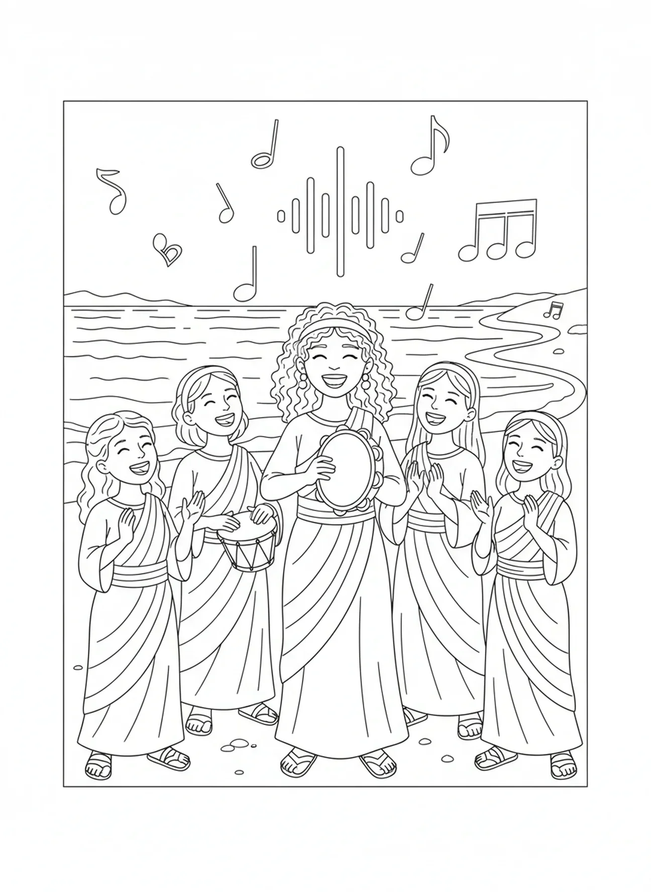 Miriam singt mit den Frauen, Malvorlage für Kinder im Alter von 5-10 Jahren
