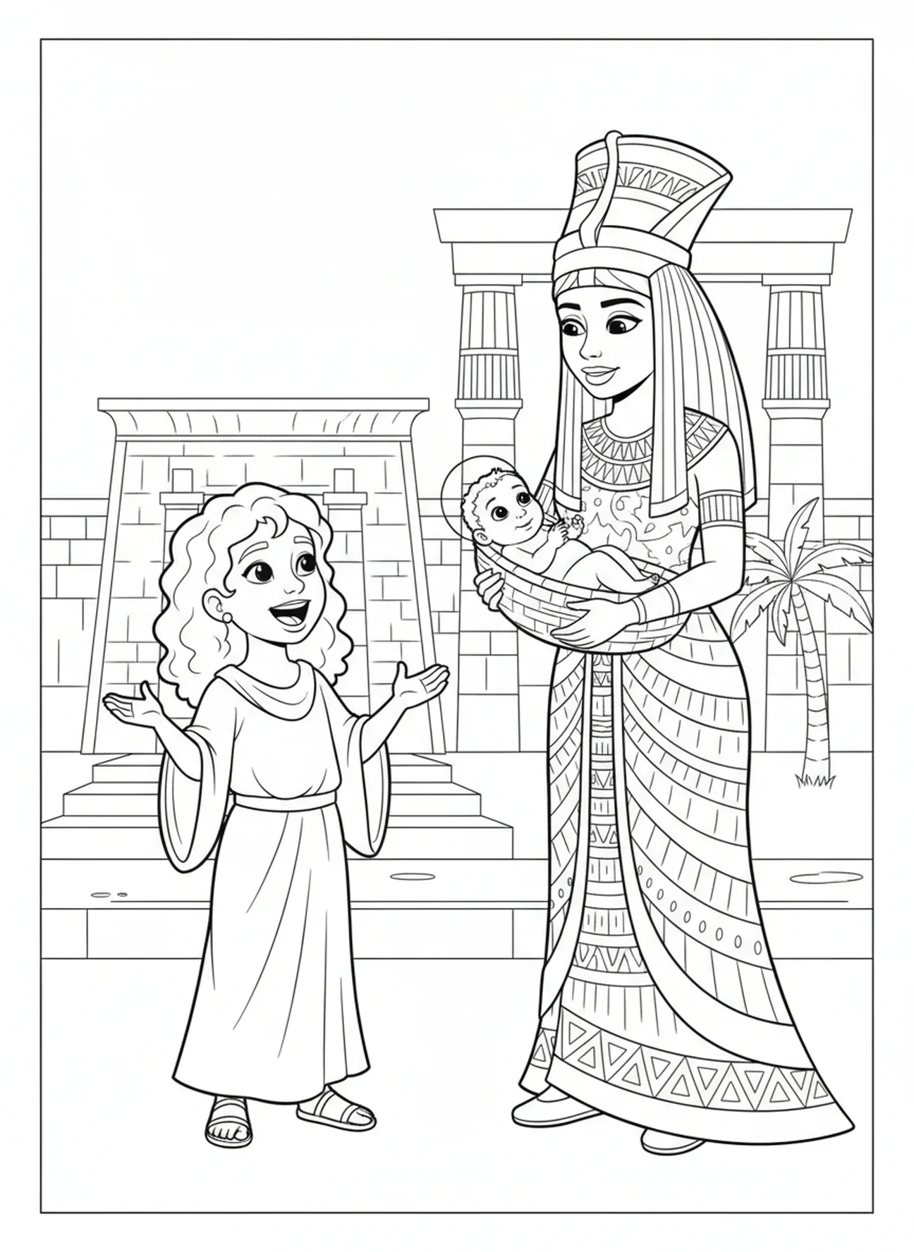 Miriam mit der Tochter des Pharao, Ausmalbild für Kinder im Alter von 5-10 Jahren
