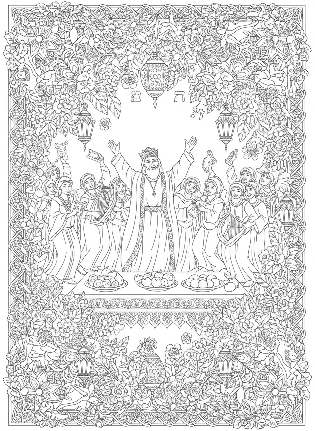 Mardoqueu celebrando a Festa de Purim, página de colorir sobre Mardoqueu para adultos no estilo de journaling bíblico.