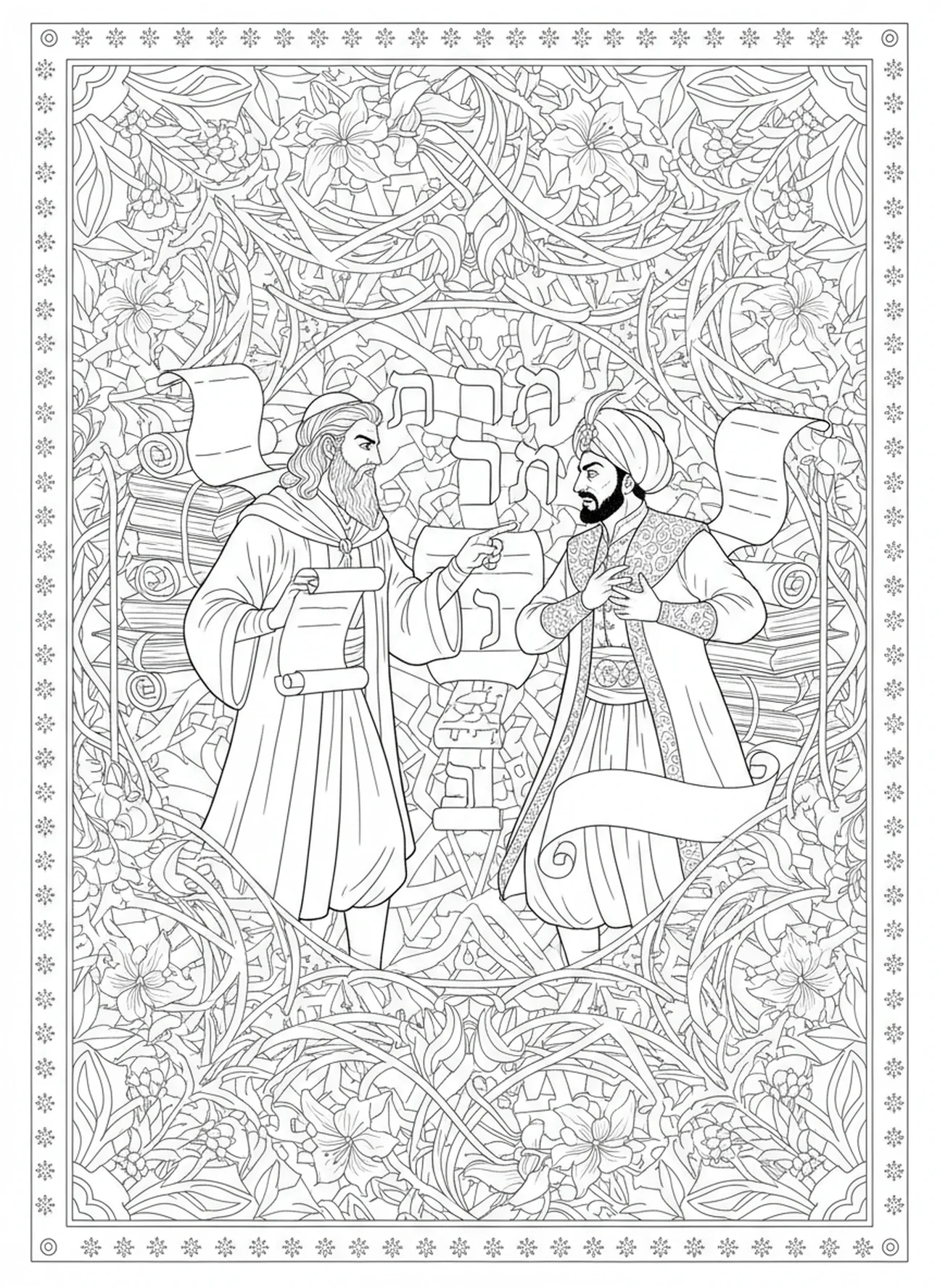 Mardoqueu confrontando Hamã, página para colorir Mardoqueu para adultos no estilo de journaling bíblico.