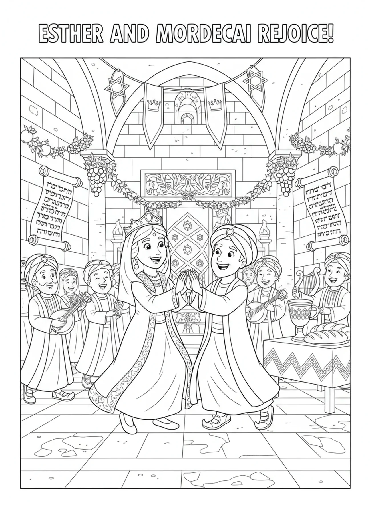 Esther et Mardochée célébrant ensemble, page à colorier de Mardochée pour les enfants de l'École du dimanche âgés de 5 à 12 ans.