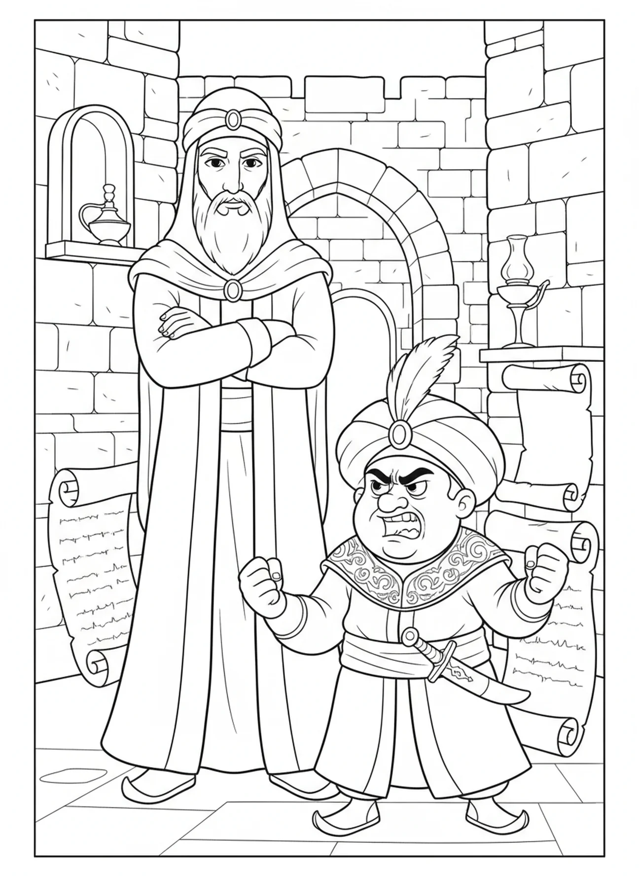 Mardochée se tenant fermement contre Haman, page à colorier de Mardochée pour les enfants de l'École du dimanche âgés de 5 à 12 ans.