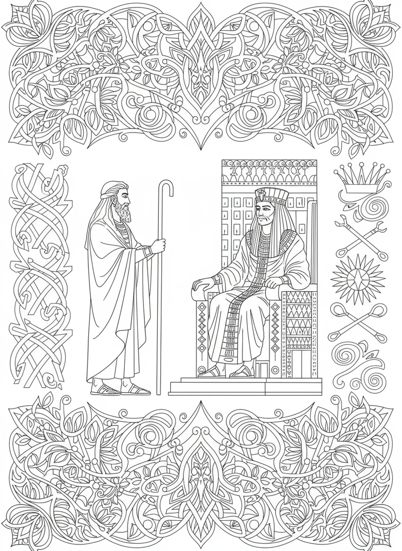 Mose und Aaron vor dem Pharao, Ausmalbild für Erwachsene im Bibel-Journaling-Stil