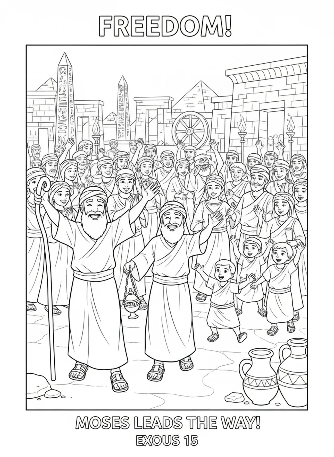 Mose und Aaron feiern mit den Israeliten, Ausmalbild von Mose und Aaron für Sonntagsschulkinder im Alter von 5-12 Jahren.