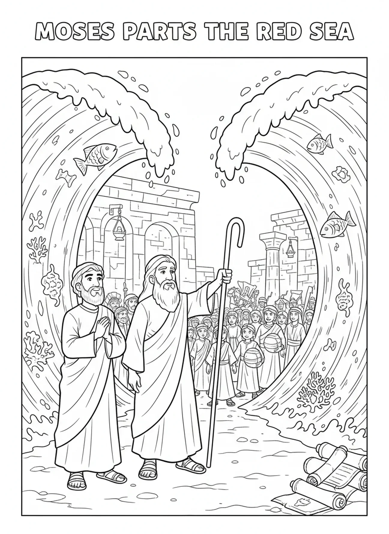 Moses teilt das Rote Meer, Ausmalbild von Moses und Aaron für die Sonntagsschule für Kinder im Alter von 5-12 Jahren.