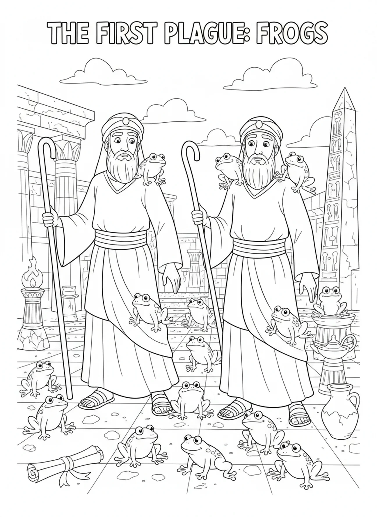 Frösche überfallen Ägypten, Ausmalbild von Mose und Aaron für die Sonntagsschule für Kinder im Alter von 5-12 Jahren.