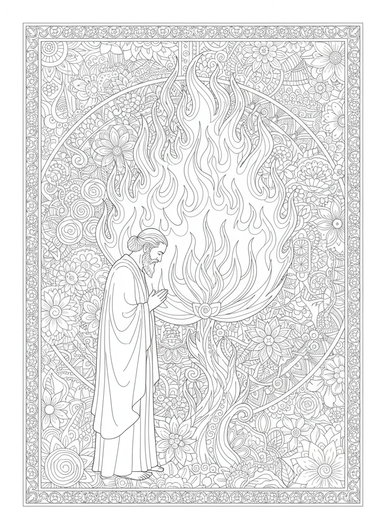 Visão da sarça ardente, página de colorir de Moisés para adultos no estilo de journaling bíblico.