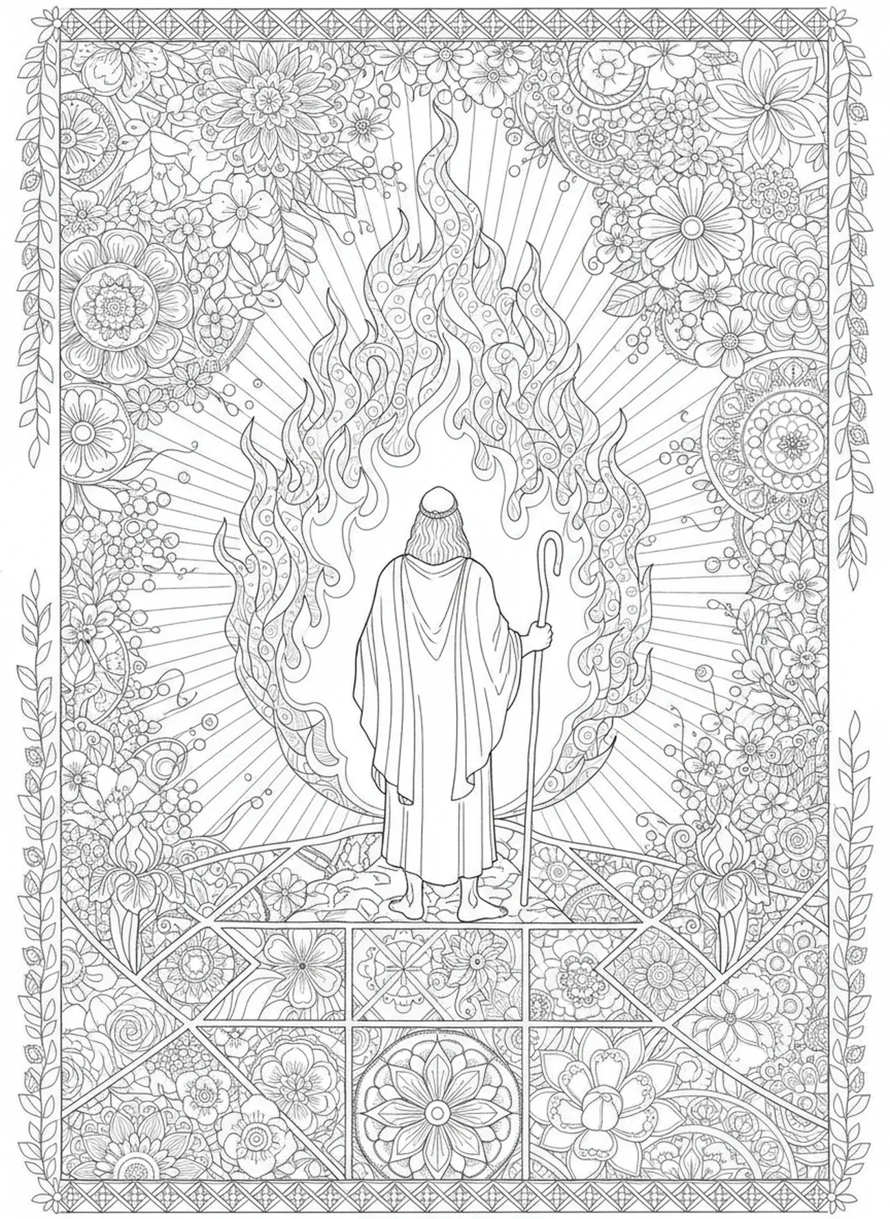 Moisés em solo sagrado, página de colorir da Sarça Ardente para adultos no estilo de journaling bíblico.
