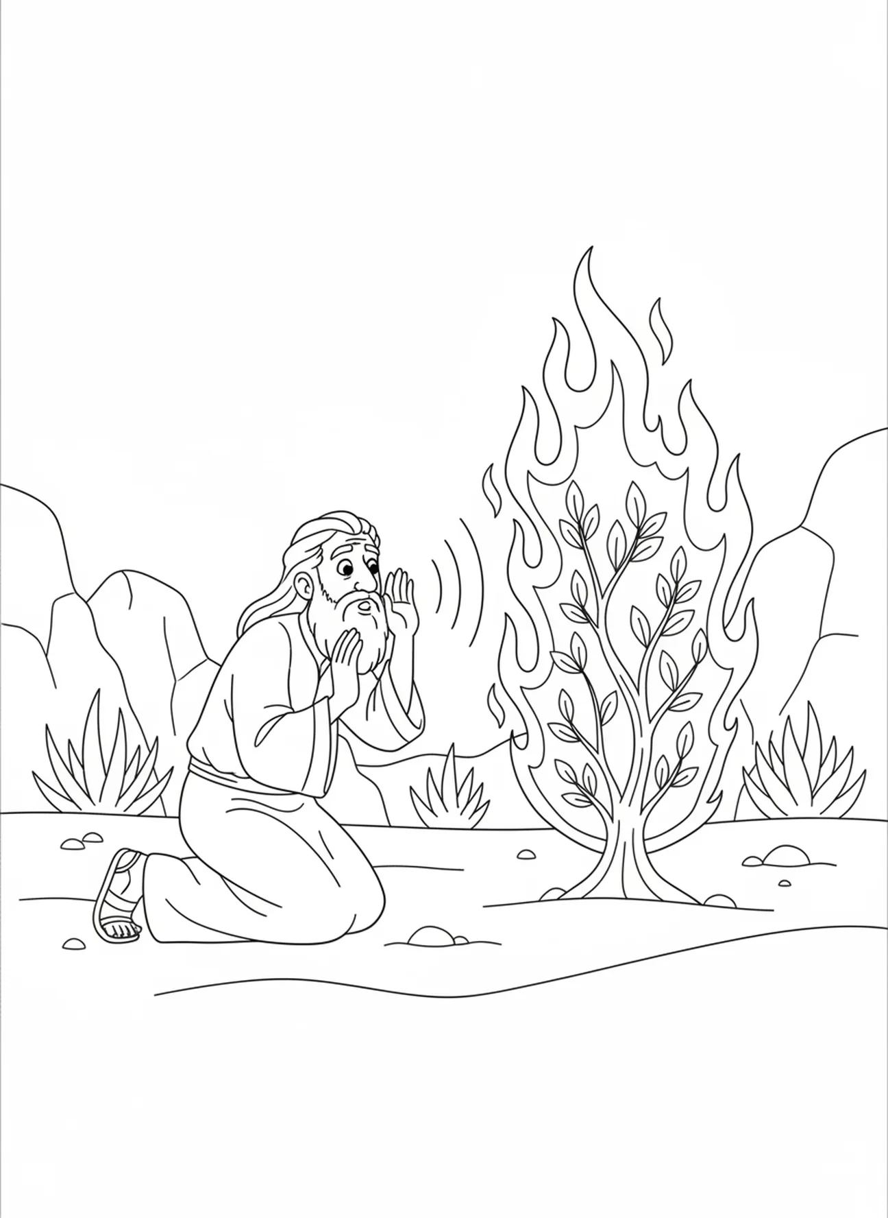 Moïse écoutant le buisson ardent, page à colorier Moïse et le buisson ardent pour les enfants de 5 à 10 ans.
