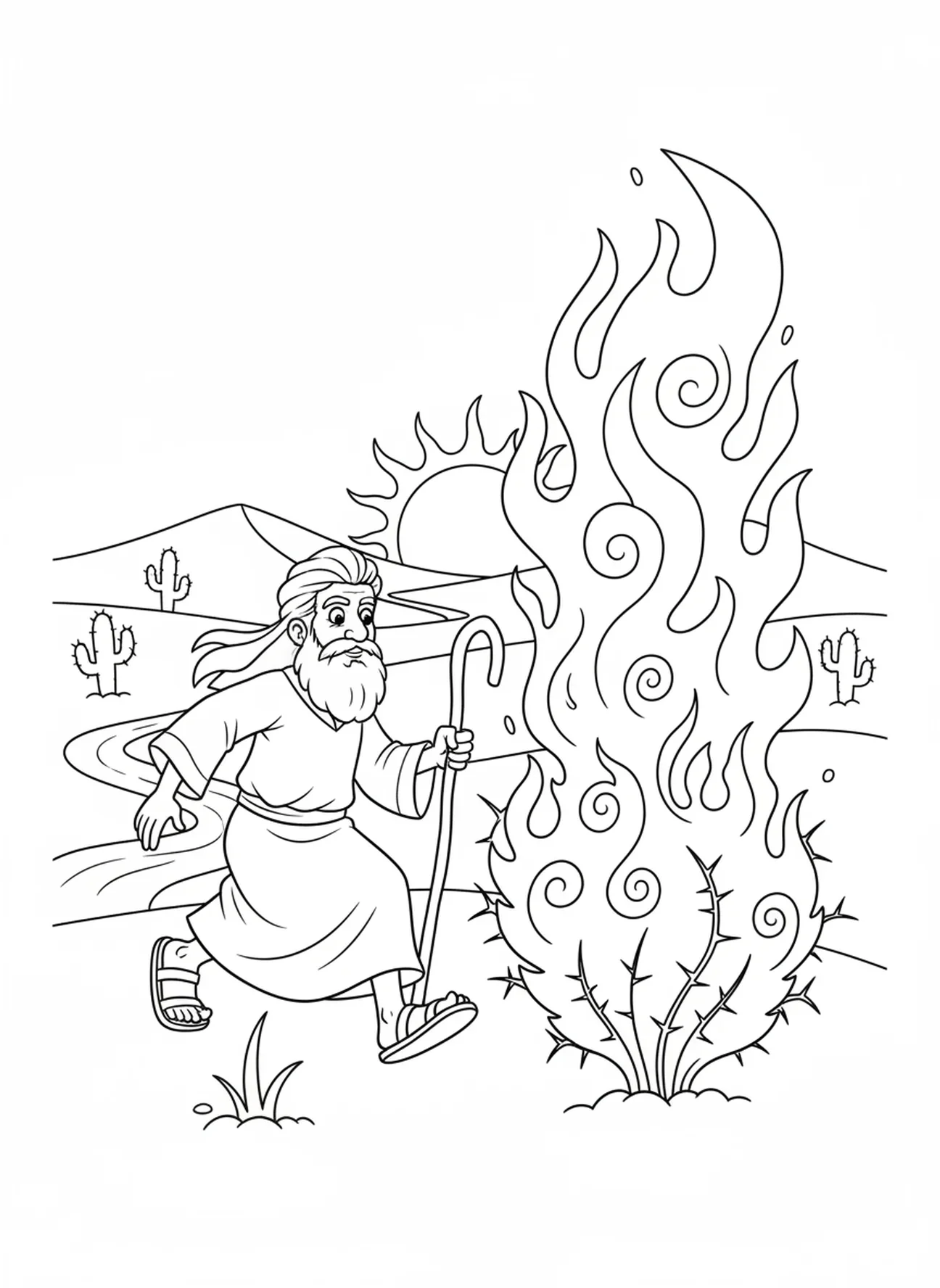 Moïse quittant le buisson ardent, page à colorier Moïse Buisson Ardent pour les enfants de 5 à 10 ans.