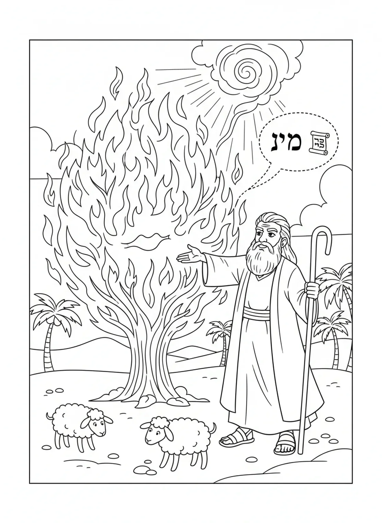 Moïse recevant sa mission du buisson ardent, page à colorier Moïse et le buisson ardent pour les enfants de 5 à 10 ans.
