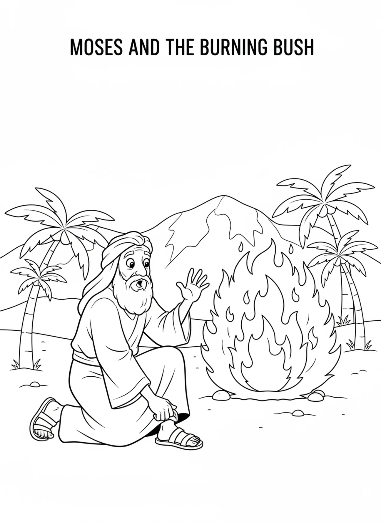 Moïse enlevant ses sandales, page à colorier sur le Buisson Ardent pour les enfants de 5 à 10 ans.