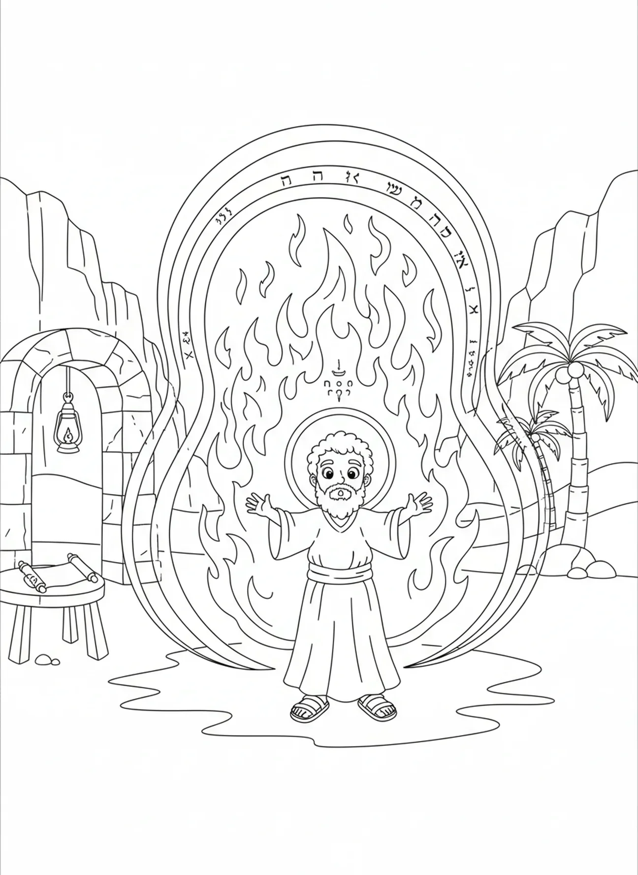 Moïse surpris, page à colorier du Buisson Ardent pour les enfants de l'École du dimanche âgés de 5 à 12 ans.