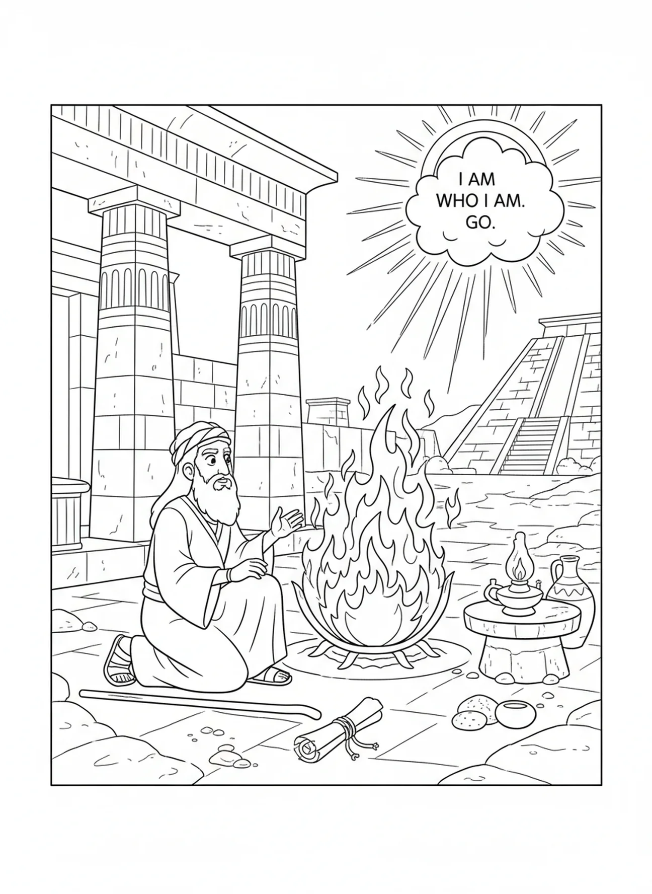 Moses déterminé, page à colorier de Moïse et le buisson ardent pour les enfants de l'École du dimanche âgés de 5 à 12 ans.