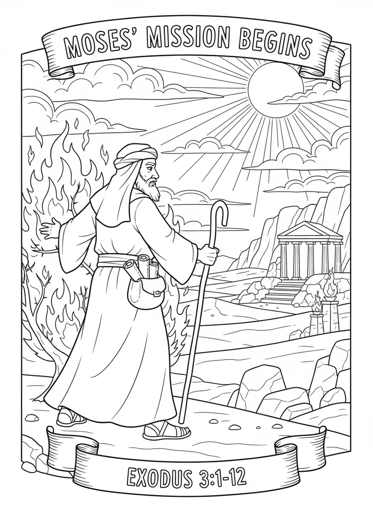 Moïse se détournant, page à colorier de Moïse et le buisson ardent pour les enfants de l'École du dimanche âgés de 5 à 12 ans.
